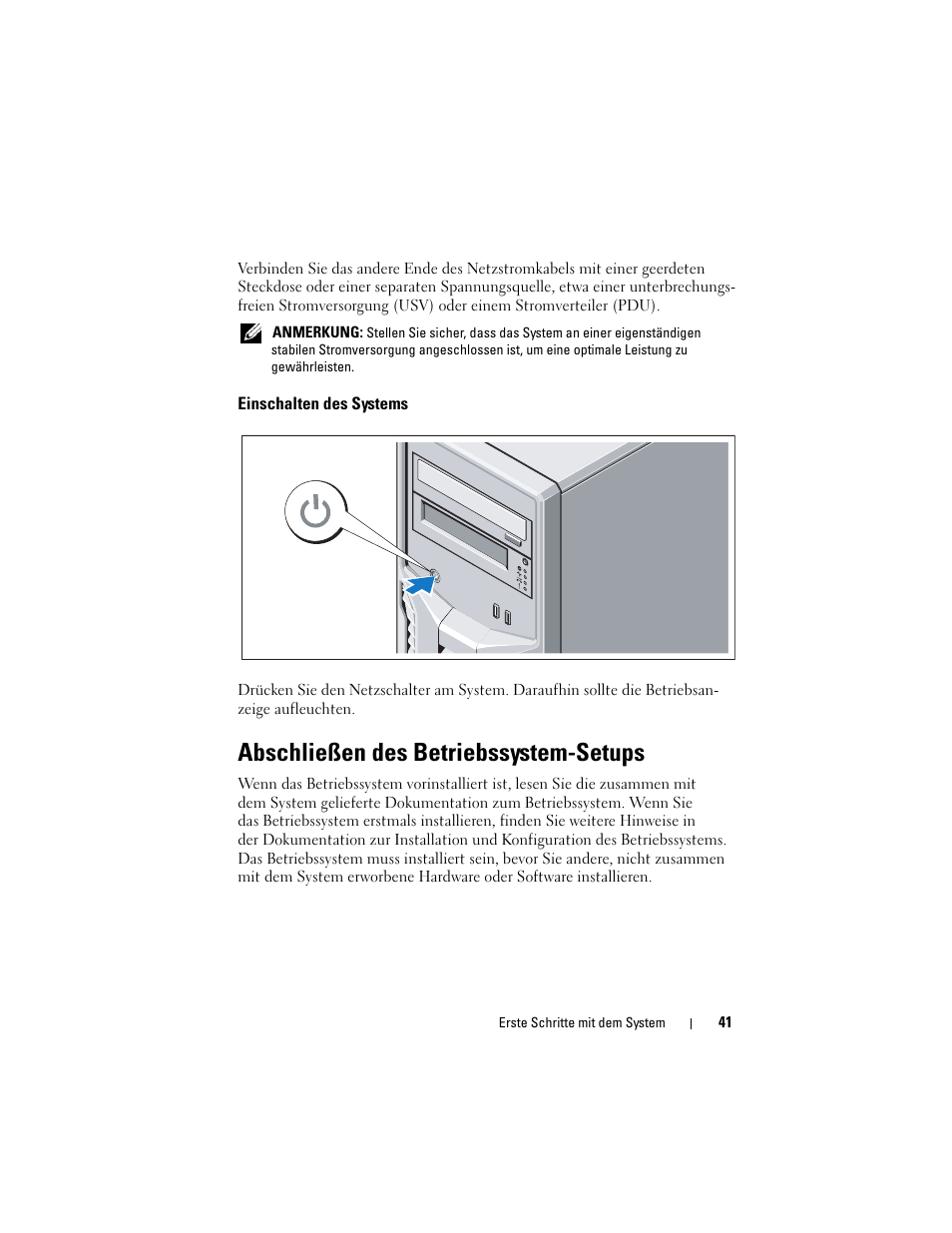 Einschalten des systems, Abschließen des betriebssystem-setups | Dell PowerEdge T110 User Manual | Page 43 / 110