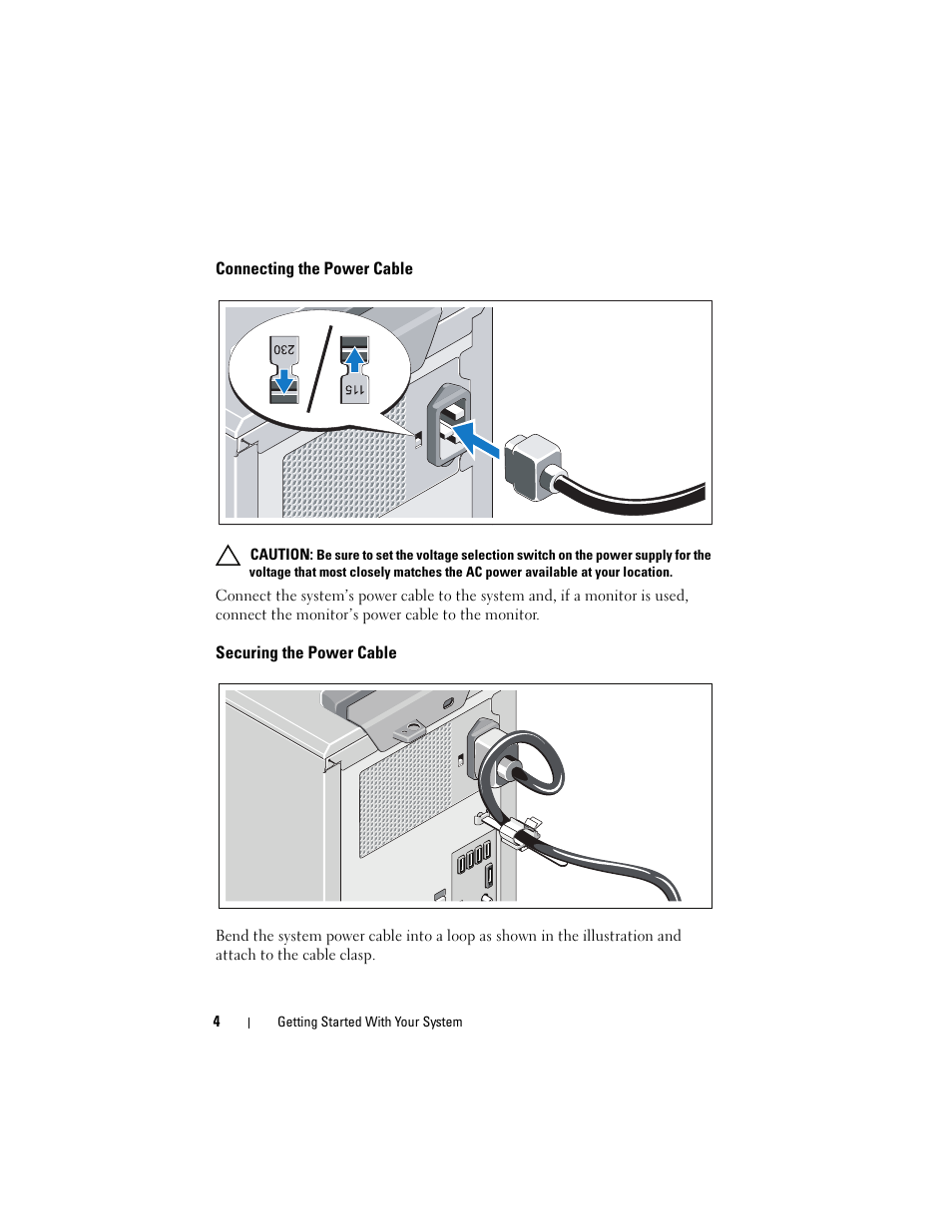 Connecting the power cable, Securing the power cable | Dell PowerEdge T110 User Manual | Page 6 / 110