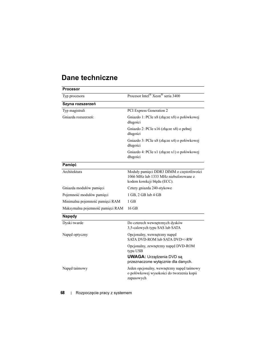 Dane techniczne | Dell PowerEdge T110 User Manual | Page 70 / 110