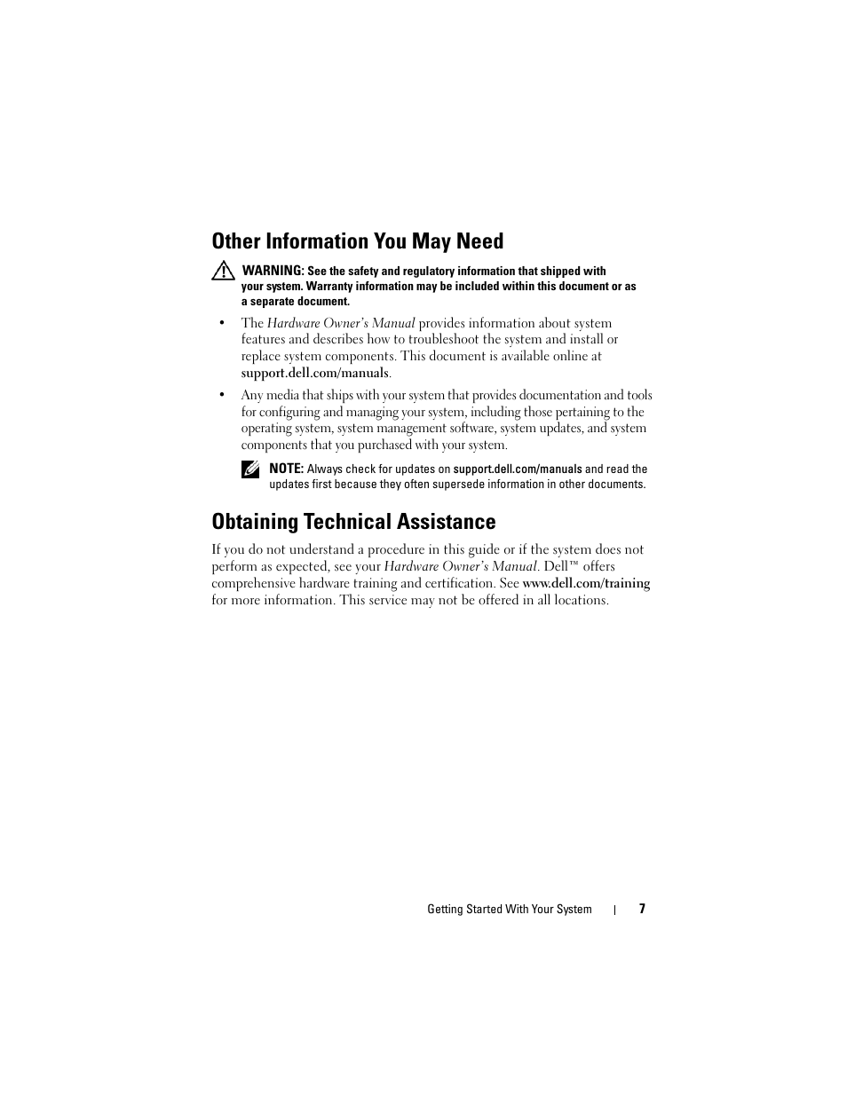 Other information you may need, Obtaining technical assistance | Dell PowerEdge T110 User Manual | Page 9 / 110