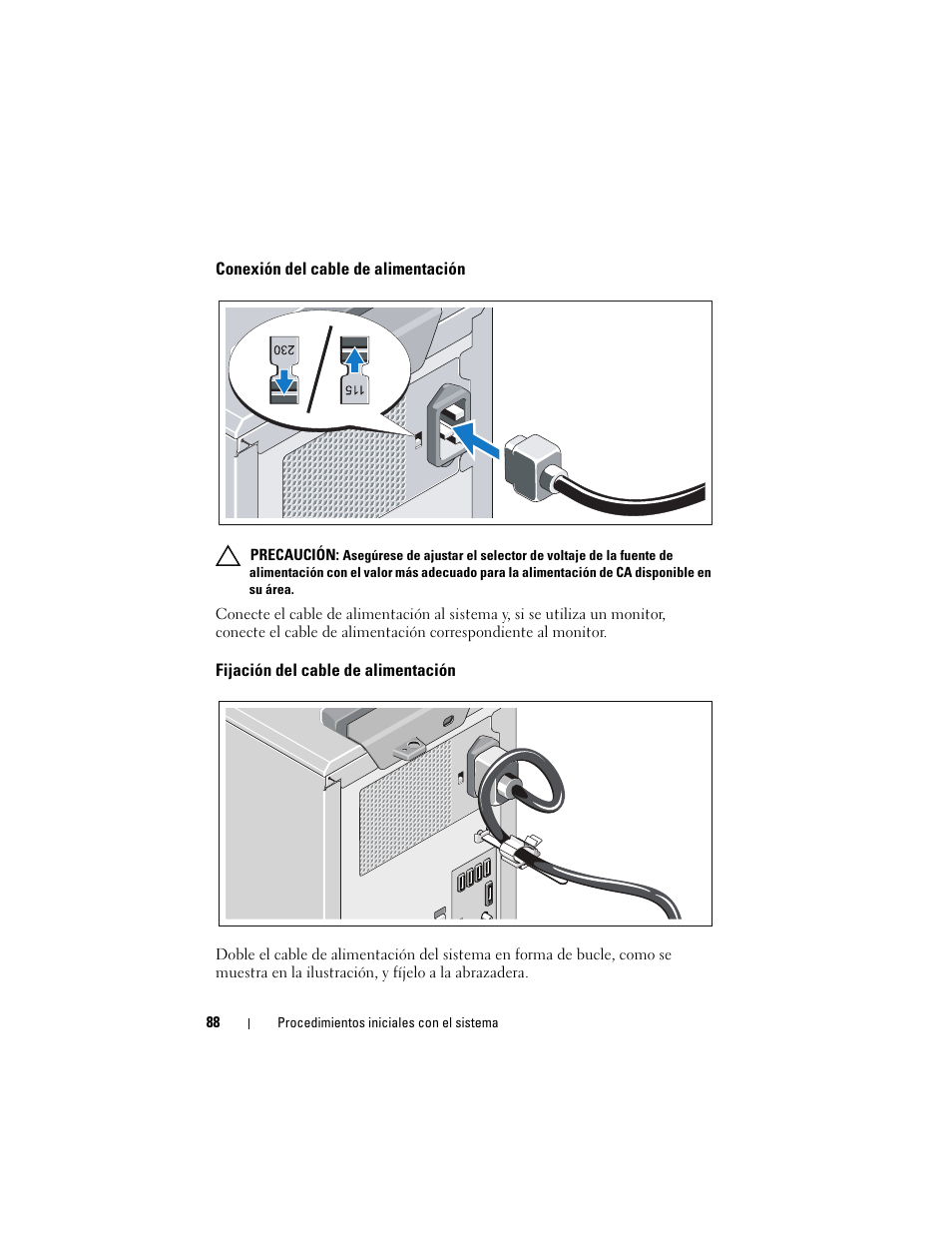 Conexión del cable de alimentación, Fijación del cable de alimentación | Dell PowerEdge T110 User Manual | Page 90 / 110