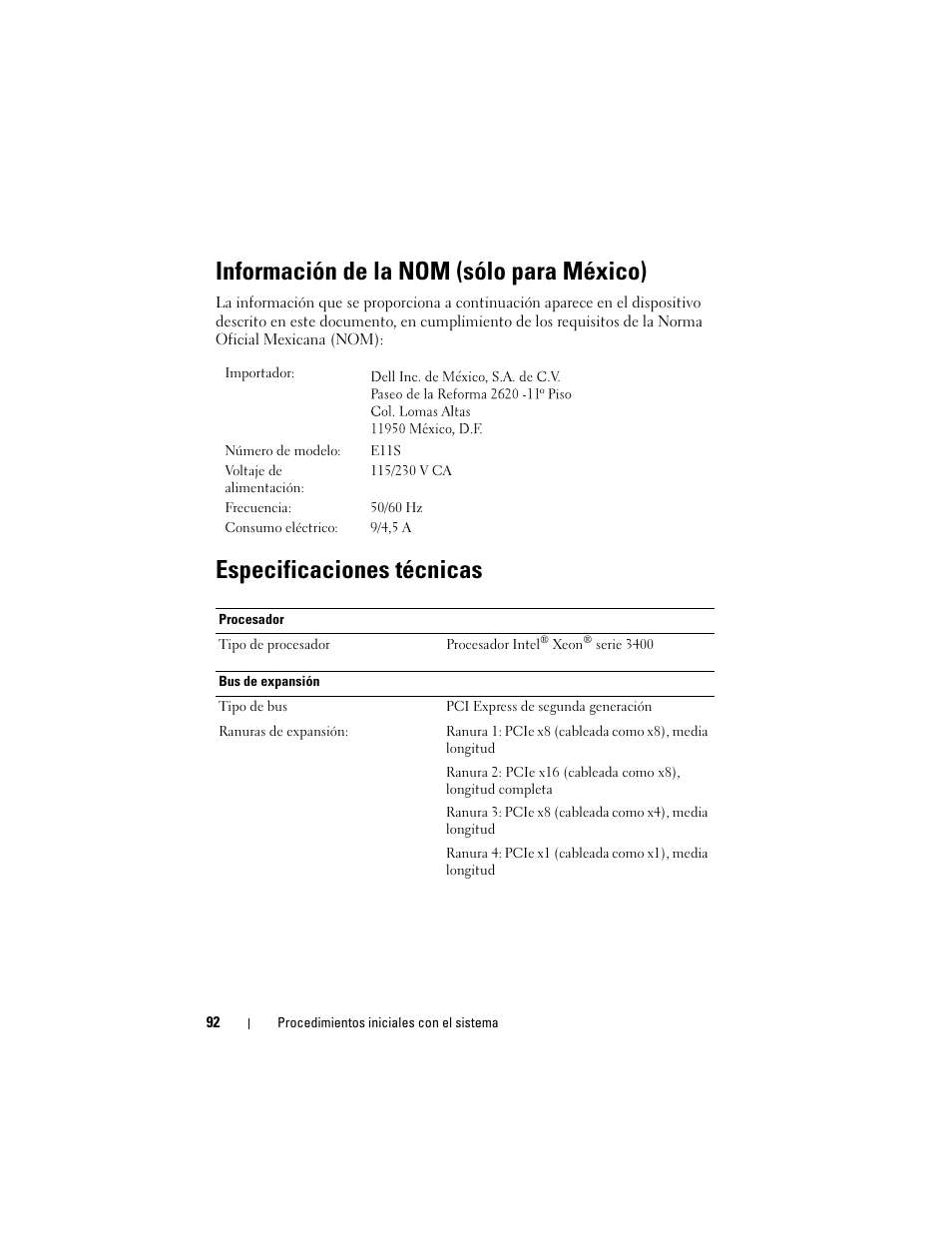 Información de la nom (sólo para méxico), Especificaciones técnicas | Dell PowerEdge T110 User Manual | Page 94 / 110