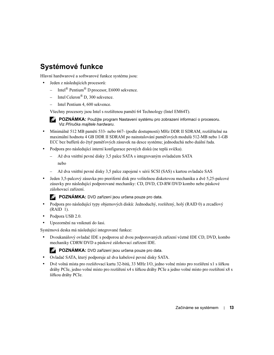 Systémové funkce | Dell PowerEdge SC 440 User Manual | Page 15 / 96