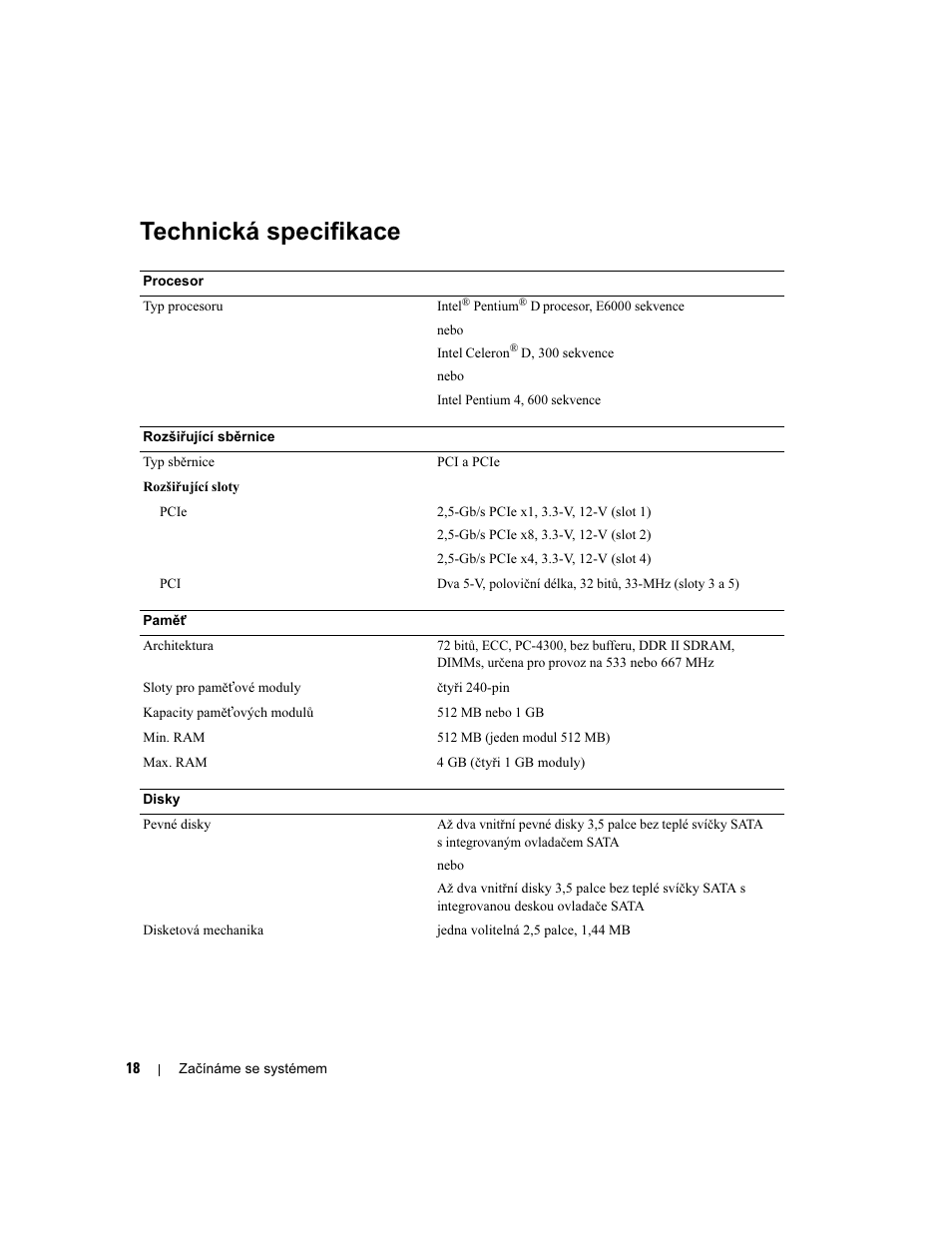 Technická specifikace | Dell PowerEdge SC 440 User Manual | Page 20 / 96