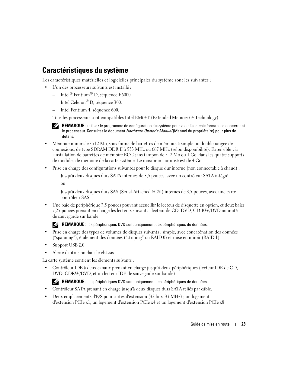 Caractéristiques du système | Dell PowerEdge SC 440 User Manual | Page 25 / 96