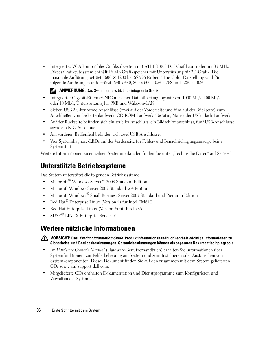 Unterstützte betriebssysteme, Weitere nützliche informationen | Dell PowerEdge SC 440 User Manual | Page 38 / 96