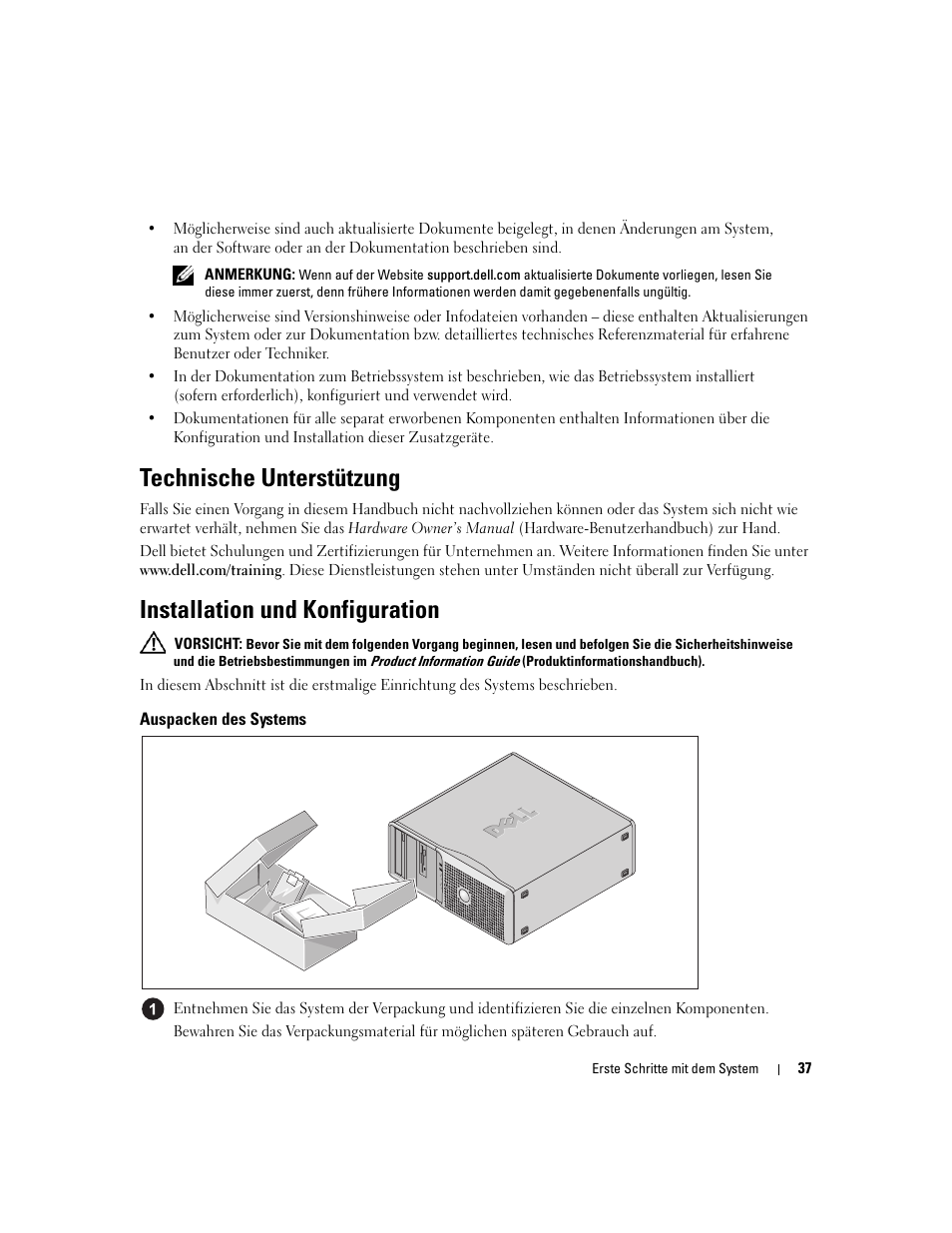 Technische unterstützung, Installation und konfiguration, Auspacken des systems | Dell PowerEdge SC 440 User Manual | Page 39 / 96