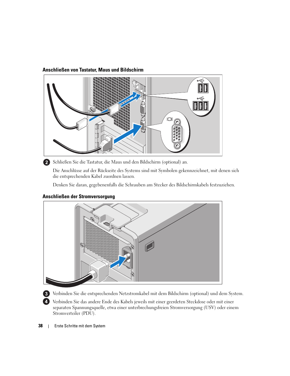 Anschließen von tastatur, maus und bildschirm, Anschließen der stromversorgung | Dell PowerEdge SC 440 User Manual | Page 40 / 96