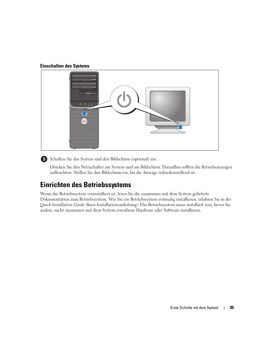 Einschalten des systems, Einrichten des betriebssystems | Dell PowerEdge SC 440 User Manual | Page 41 / 96