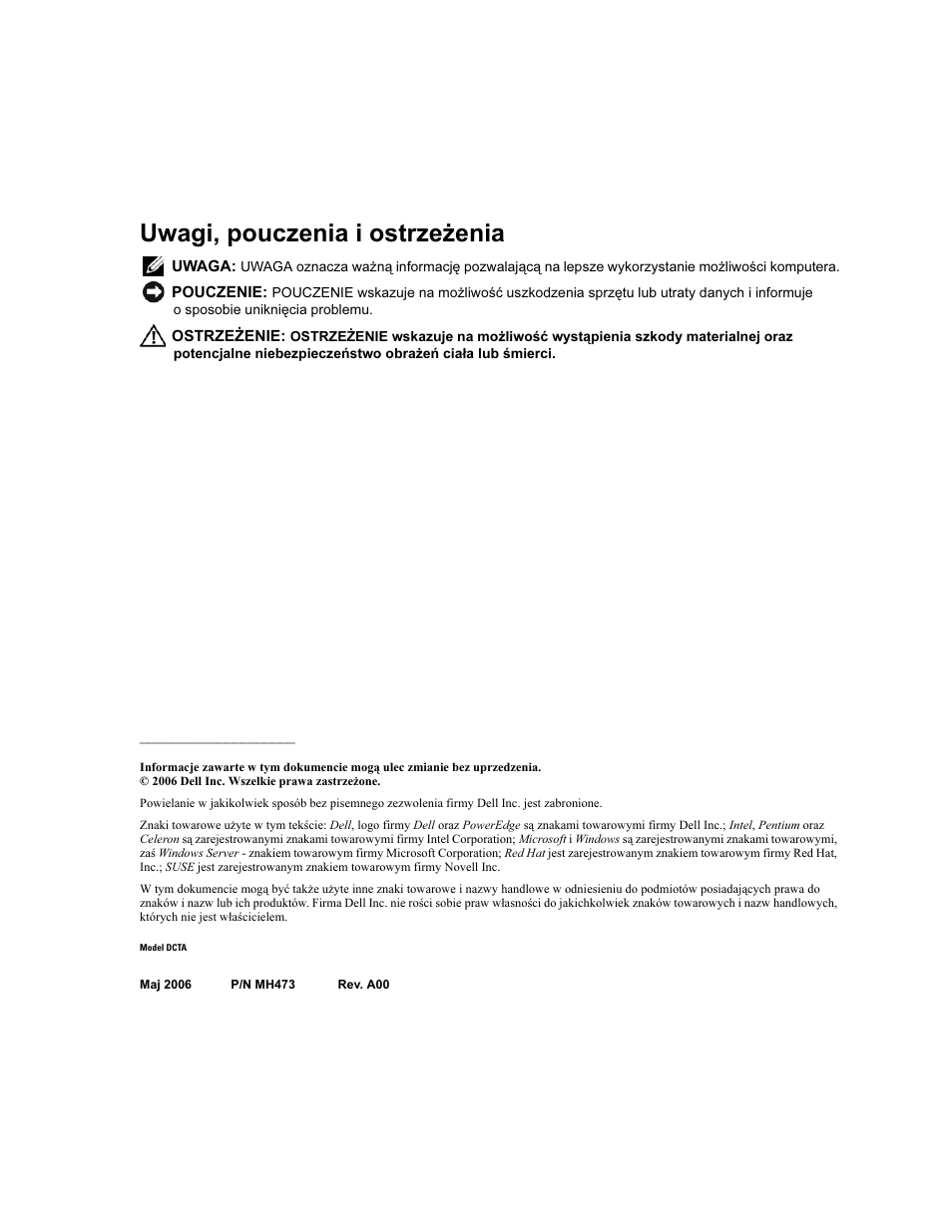 Uwagi, pouczenia i ostrzeżenia | Dell PowerEdge SC 440 User Manual | Page 56 / 96