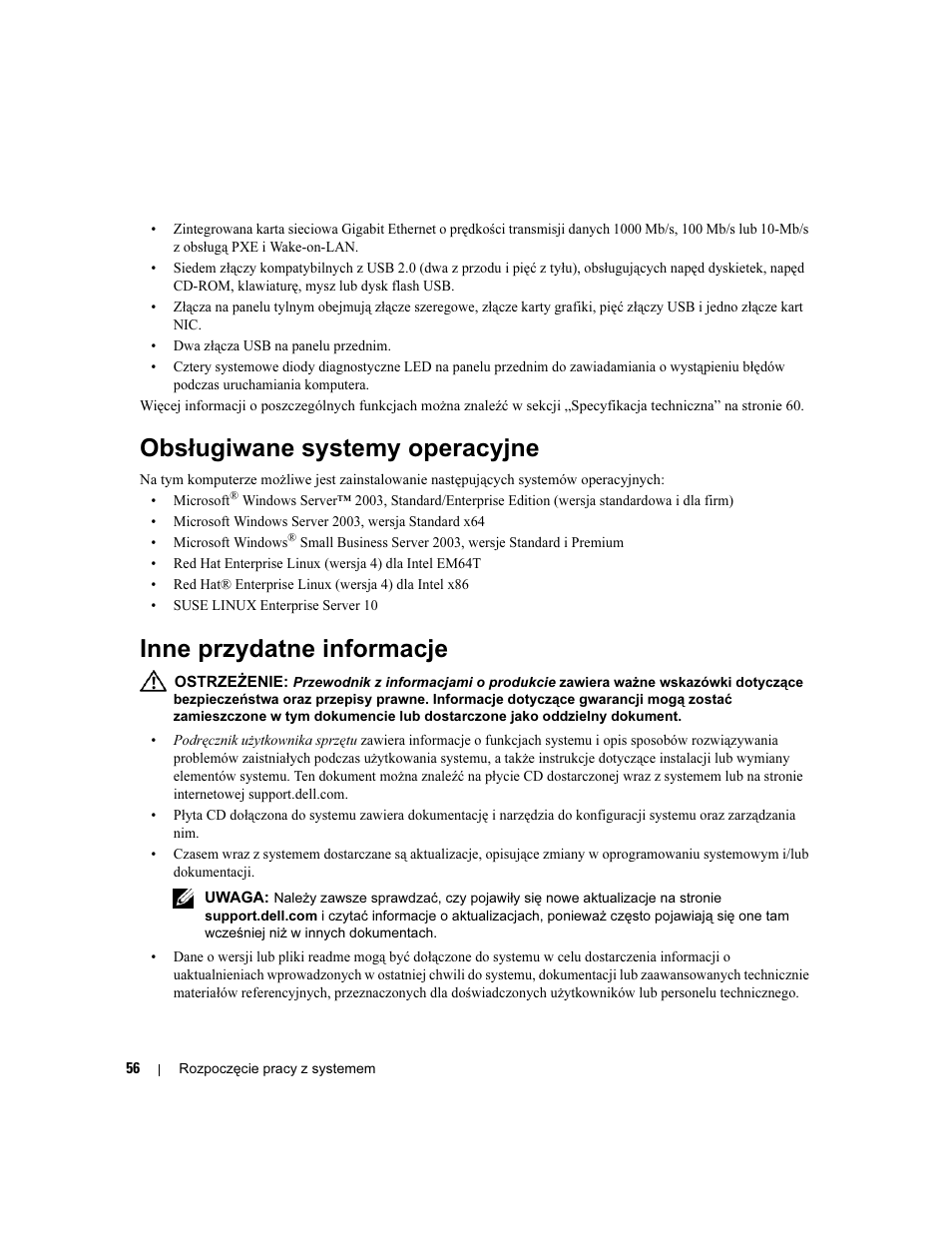 Obsługiwane systemy operacyjne, Inne przydatne informacje | Dell PowerEdge SC 440 User Manual | Page 58 / 96