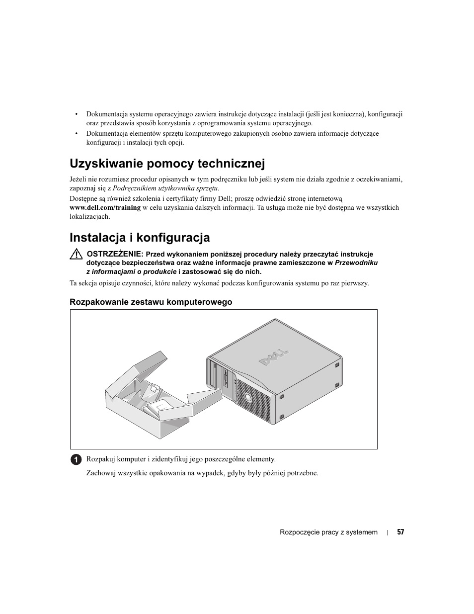 Uzyskiwanie pomocy technicznej, Instalacja i konfiguracja, Rozpakowanie zestawu komputerowego | Dell PowerEdge SC 440 User Manual | Page 59 / 96