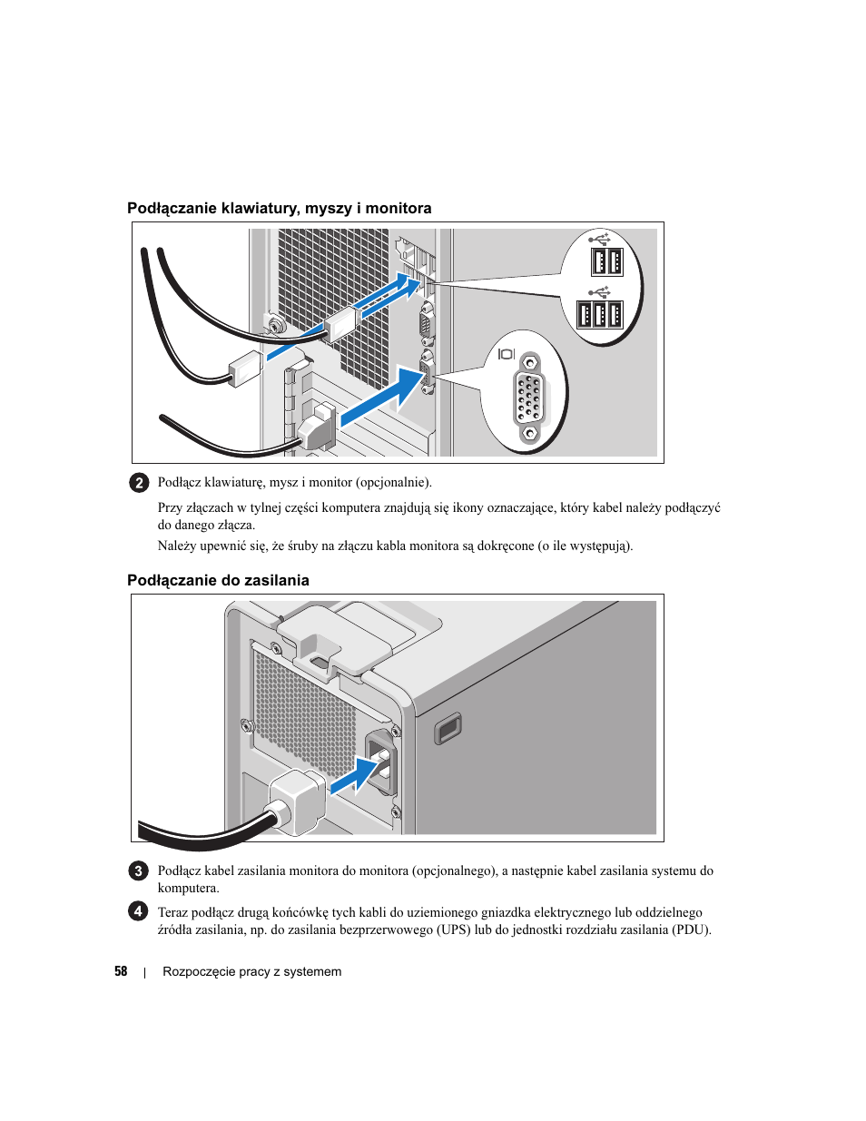 Podłączanie klawiatury, myszy i monitora, Podłączanie do zasilania | Dell PowerEdge SC 440 User Manual | Page 60 / 96