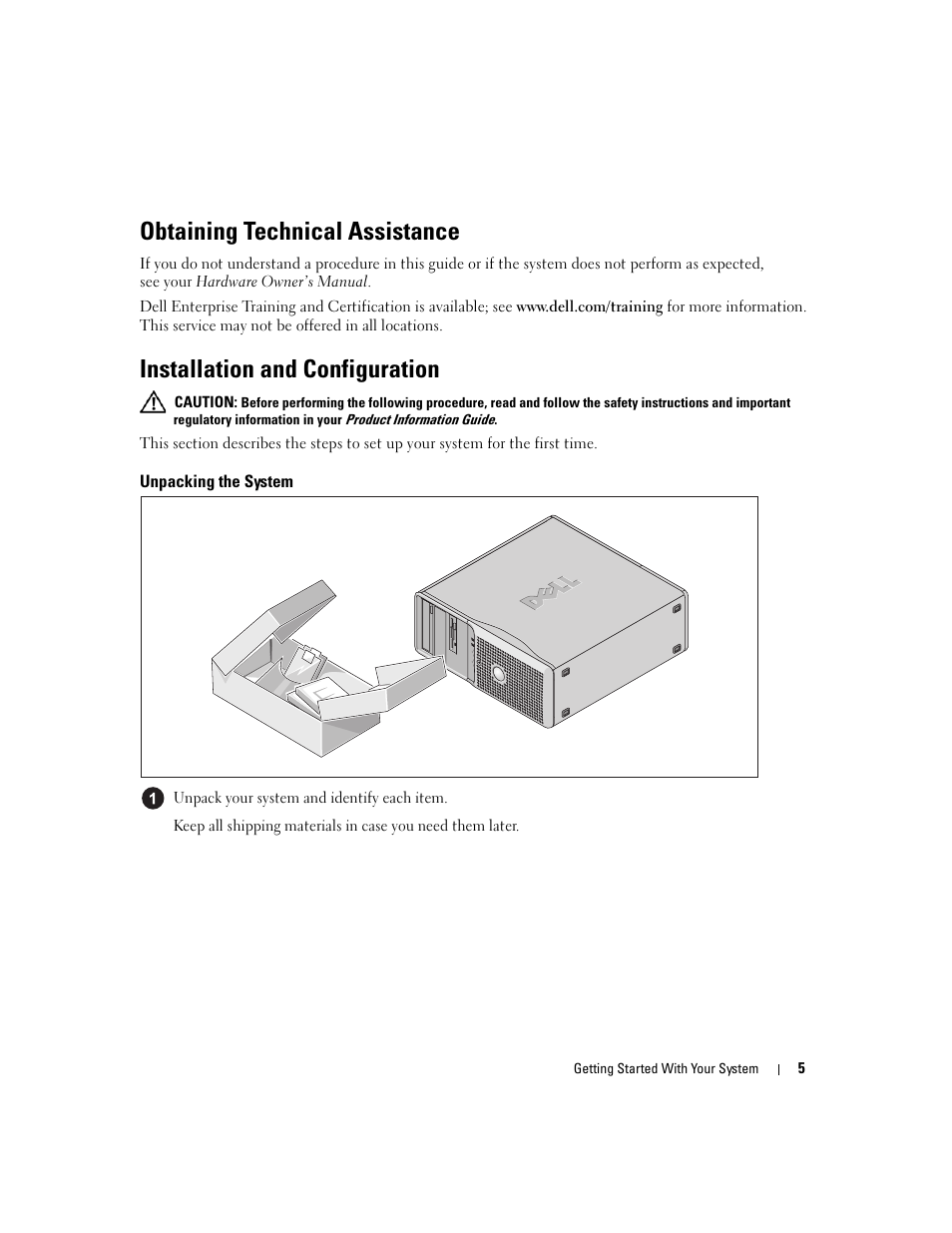 Obtaining technical assistance, Installation and configuration, Unpacking the system | Dell PowerEdge SC 440 User Manual | Page 7 / 96