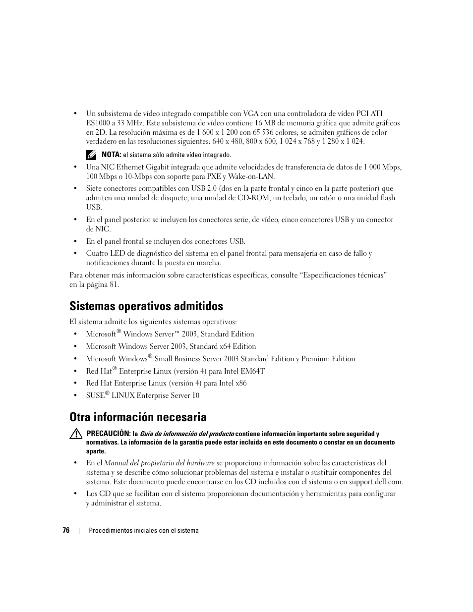 Sistemas operativos admitidos, Otra información necesaria | Dell PowerEdge SC 440 User Manual | Page 78 / 96