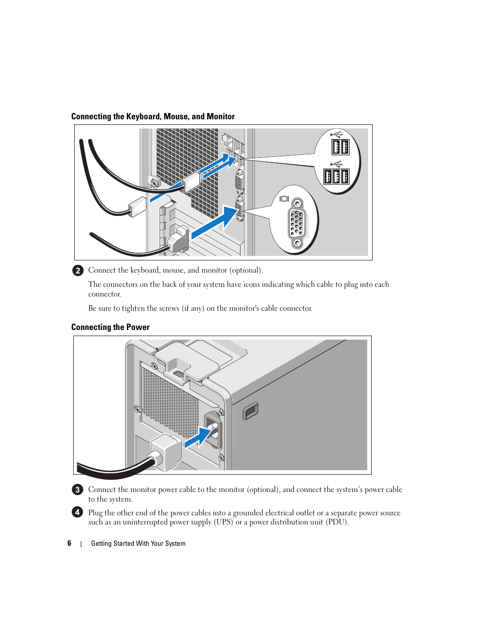 Connecting the keyboard, mouse, and monitor, Connecting the power | Dell PowerEdge SC 440 User Manual | Page 8 / 96