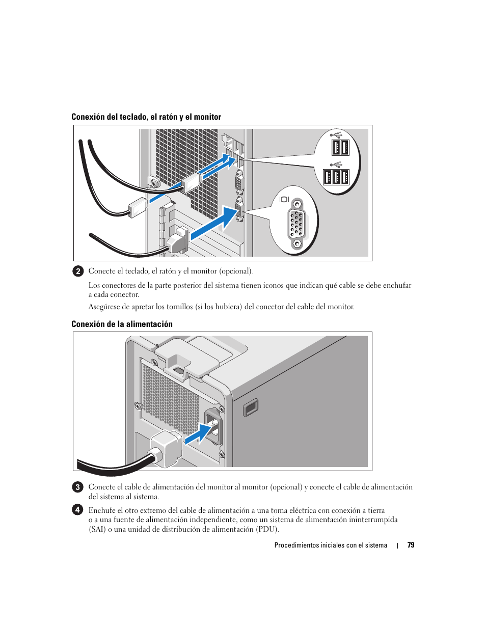 Conexión del teclado, el ratón y el monitor, Conexión de la alimentación | Dell PowerEdge SC 440 User Manual | Page 81 / 96