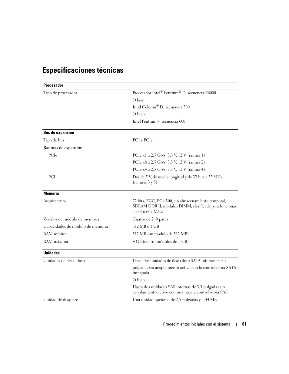 Especificaciones técnicas | Dell PowerEdge SC 440 User Manual | Page 83 / 96