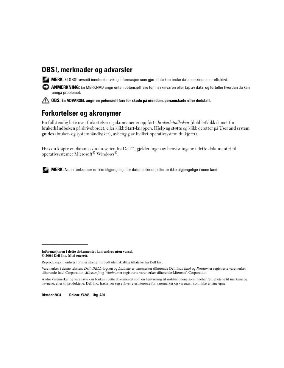 Obs!, merknader og advarsler, Forkortelser og akronymer | Dell Latitude D610 User Manual | Page 112 / 244