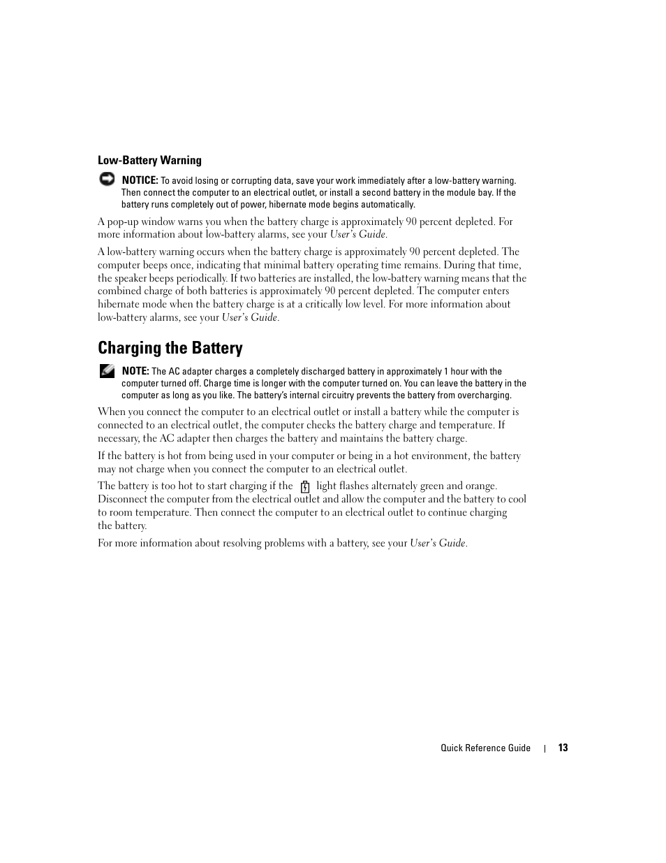 Low-battery warning, Charging the battery | Dell Latitude D610 User Manual | Page 13 / 244