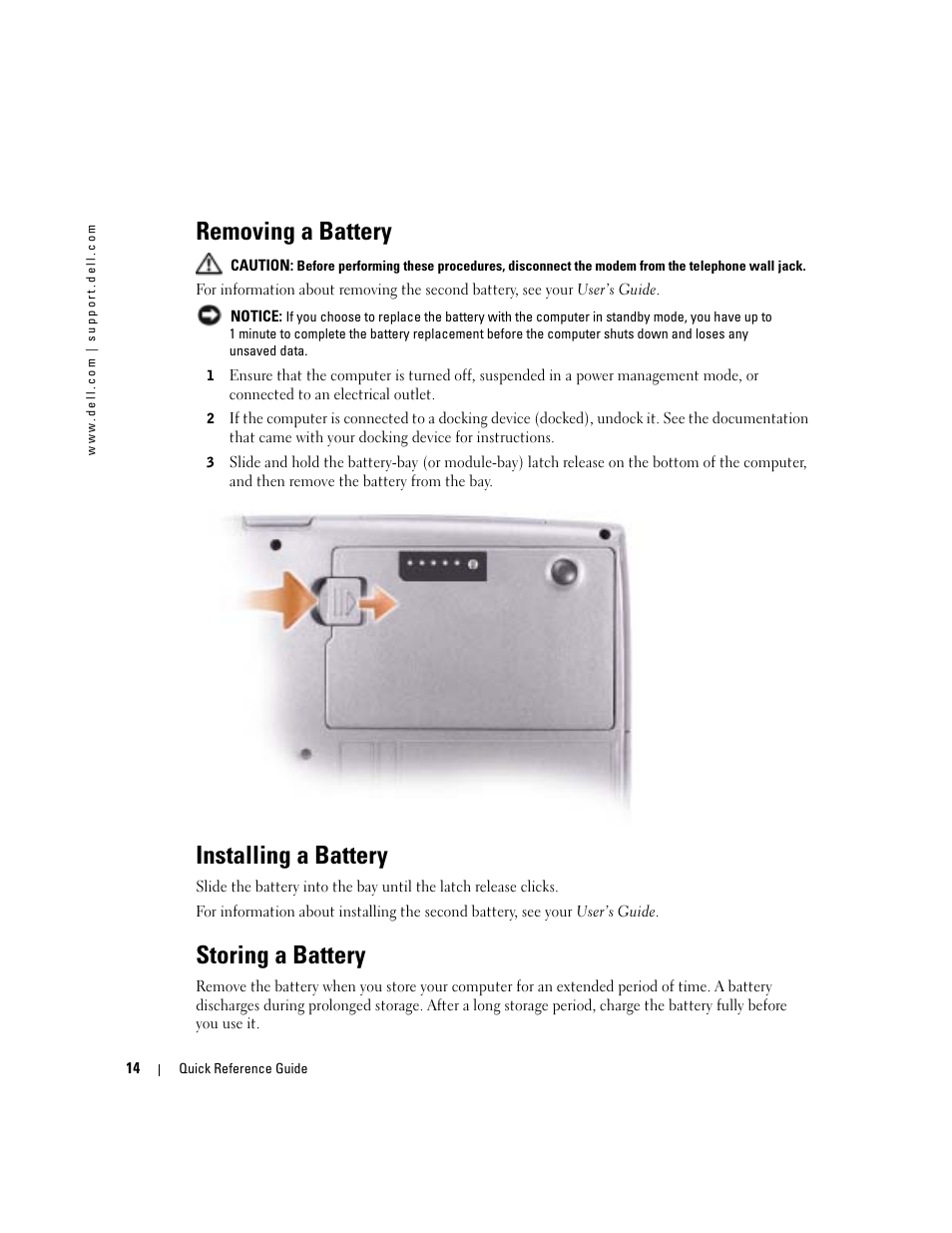 Removing a battery, Installing a battery, Storing a battery | Dell Latitude D610 User Manual | Page 14 / 244