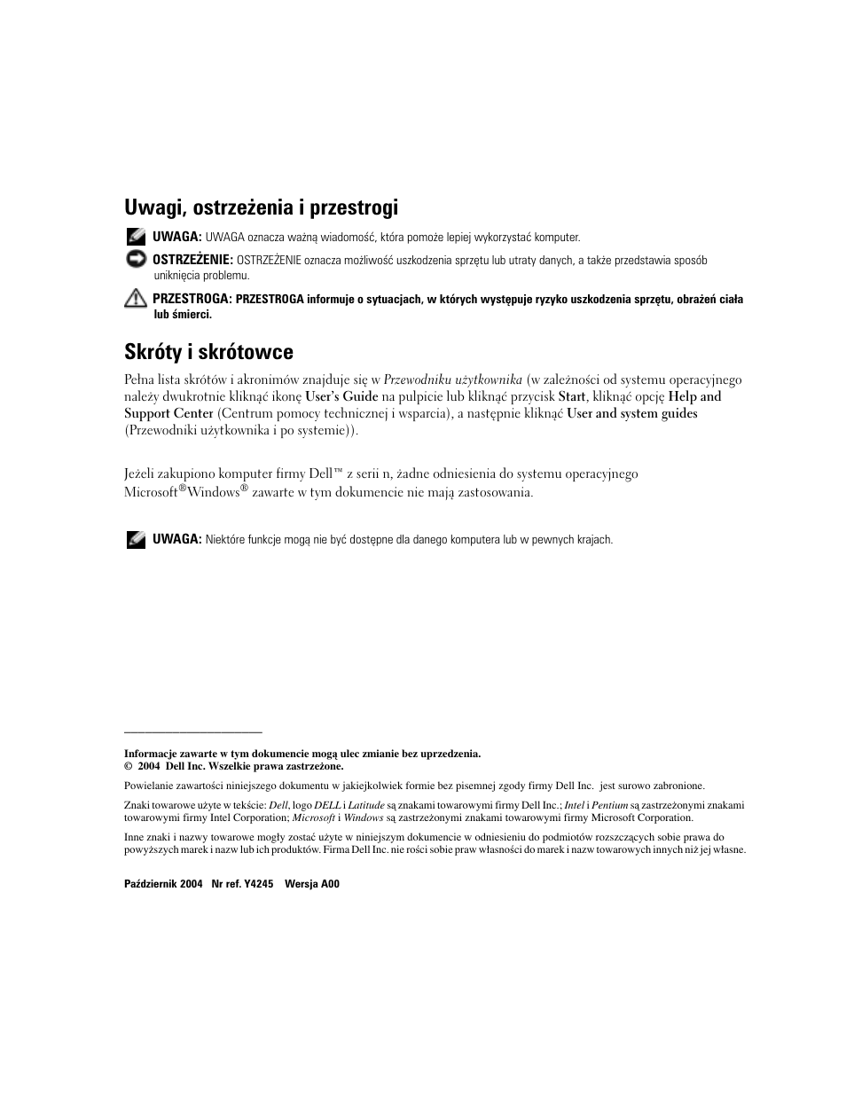 Uwagi, ostrzeżenia i przestrogi, Skróty i skrótowce | Dell Latitude D610 User Manual | Page 140 / 244