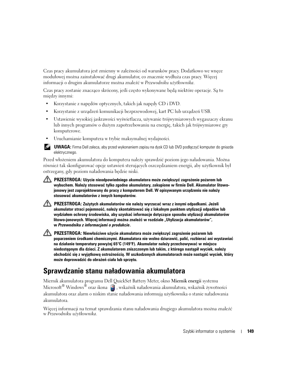 Sprawdzanie stanu na¸adowania akumulatora, Sprawdzanie stanu naładowania akumulatora | Dell Latitude D610 User Manual | Page 149 / 244