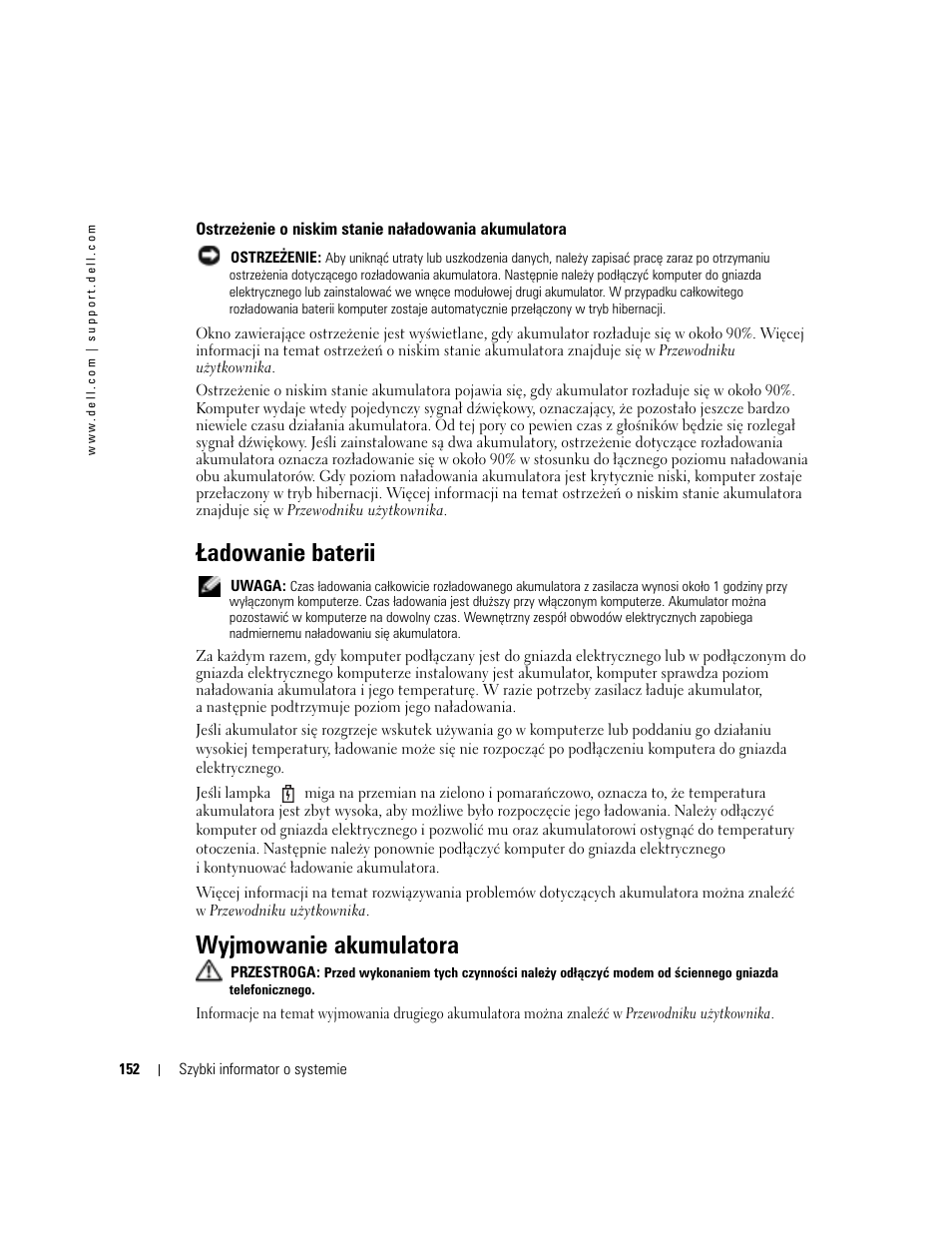 Ładowanie baterii, Wyjmowanie akumulatora | Dell Latitude D610 User Manual | Page 152 / 244