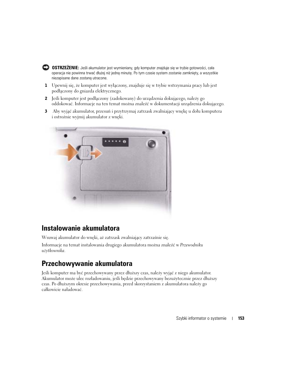 Instalowanie akumulatora, Przechowywanie akumulatora | Dell Latitude D610 User Manual | Page 153 / 244