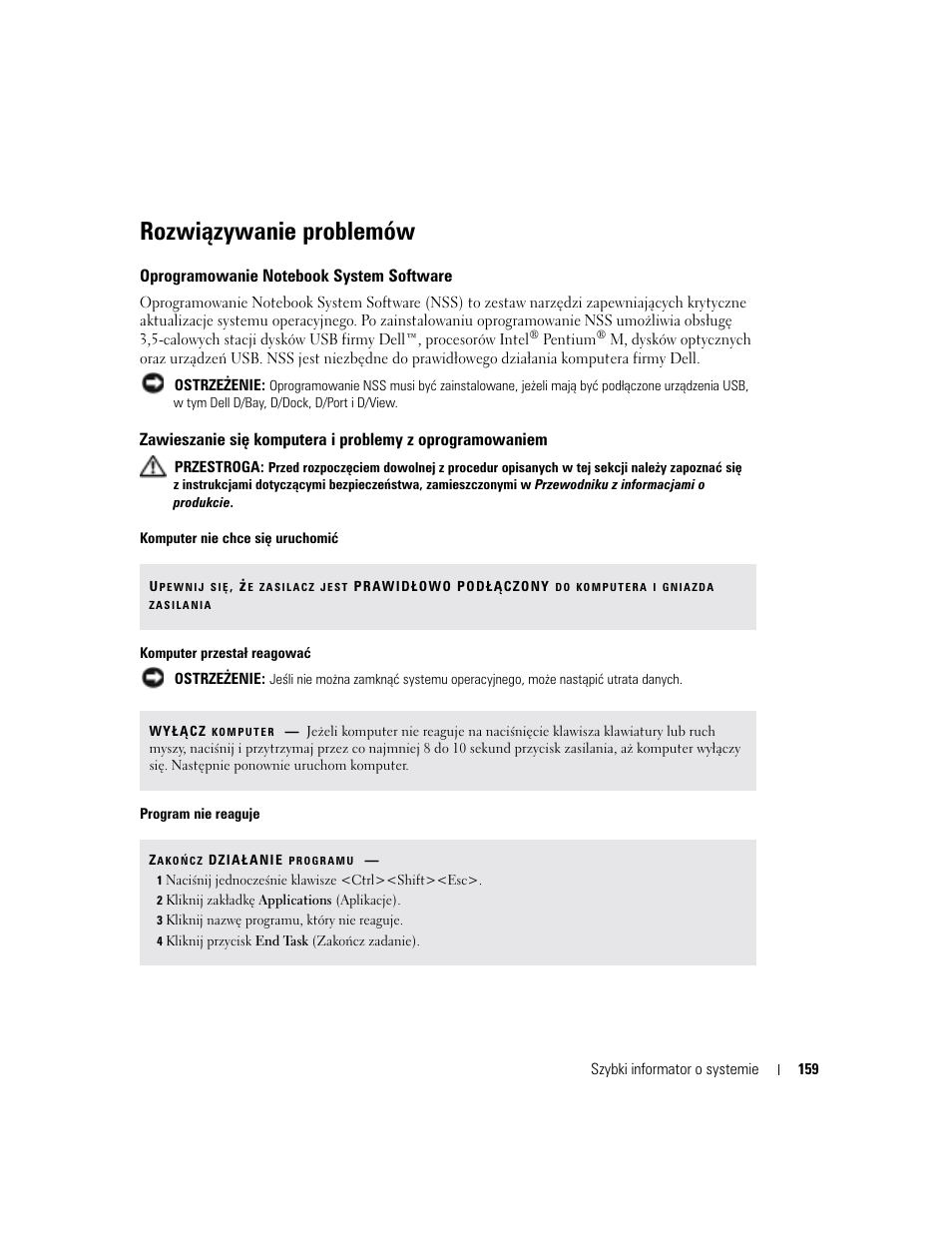 Rozwiązywanie problemów, Oprogramowanie notebook system software | Dell Latitude D610 User Manual | Page 159 / 244