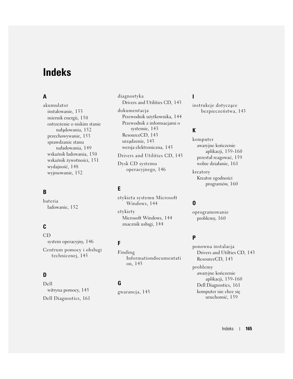 Indeks | Dell Latitude D610 User Manual | Page 165 / 244