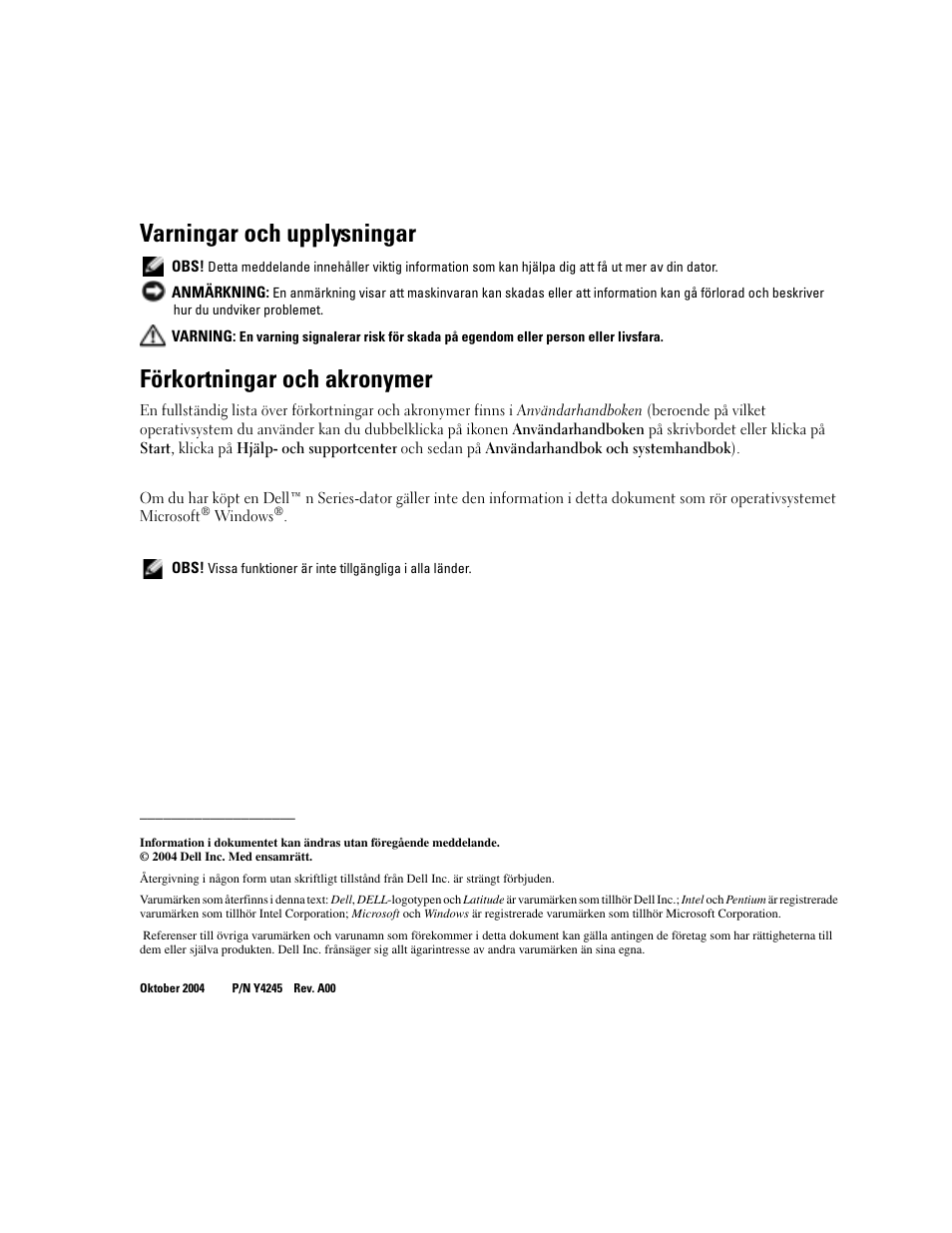 Varningar och upplysningar, Förkortningar och akronymer | Dell Latitude D610 User Manual | Page 196 / 244