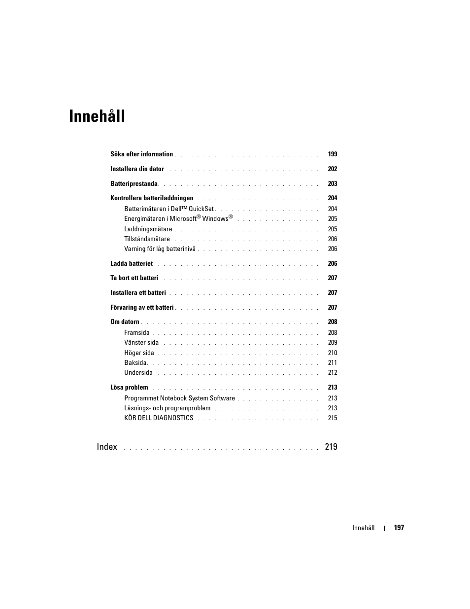 Innehåll, Index | Dell Latitude D610 User Manual | Page 197 / 244