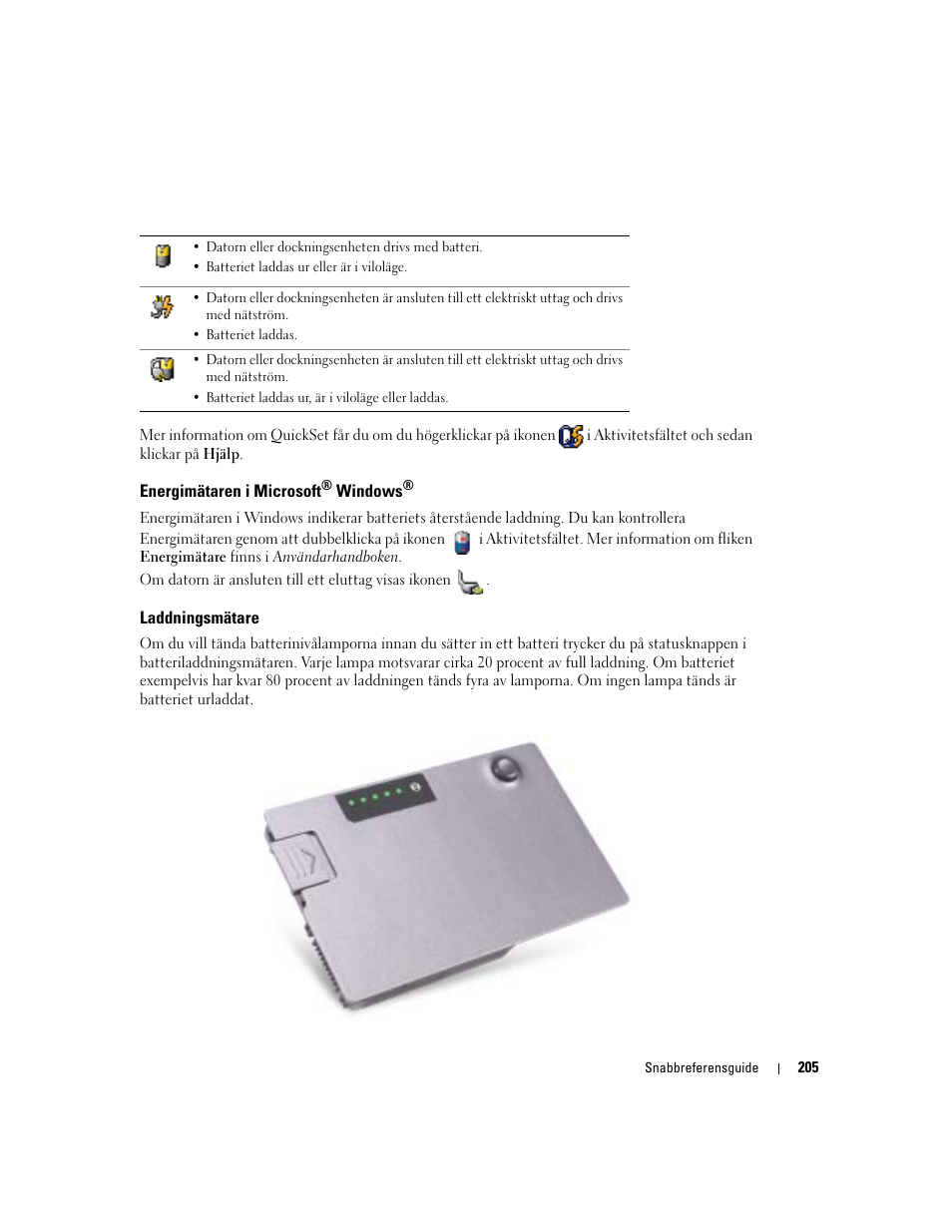 Energimätaren i microsoft® windows, Laddningsmätare, Energimätaren i microsoft | Dell Latitude D610 User Manual | Page 205 / 244