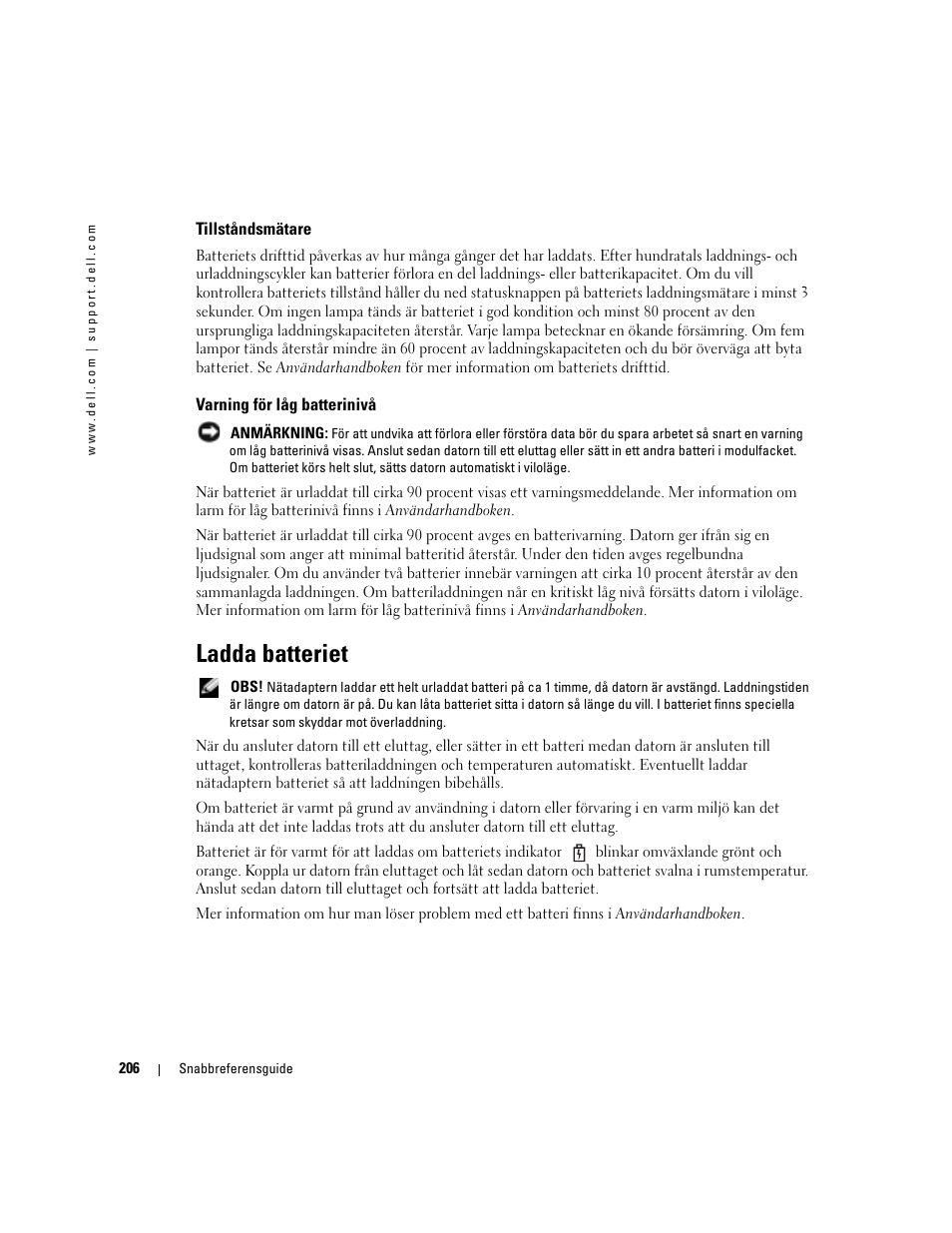 Tillståndsmätare, Varning för låg batterinivå, Ladda batteriet | Dell Latitude D610 User Manual | Page 206 / 244