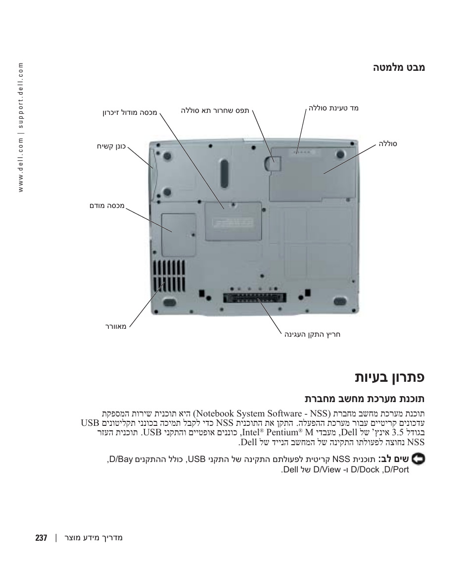 מבט מלמטה, פתרון בעיות, תוכנת מערכת מחשב מחברת | תויעב ןורתפ, הטמלמ טבמ, תרבחמ בשחמ תכרעמ תנכות | Dell Latitude D610 User Manual | Page 228 / 244