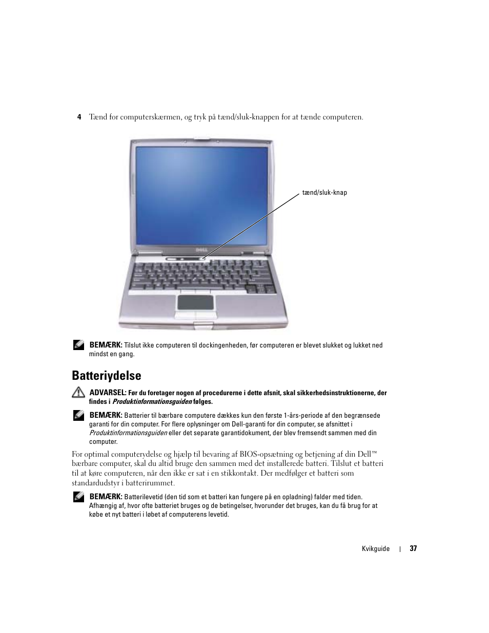 Batteriydelse | Dell Latitude D610 User Manual | Page 37 / 244