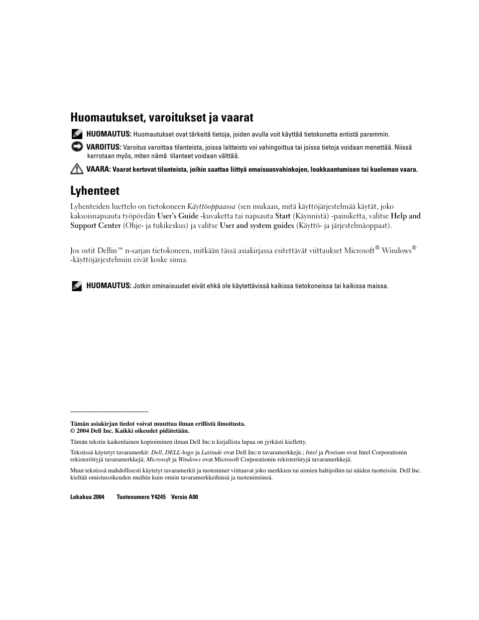 Huomautukset, varoitukset ja vaarat, Lyhenteet | Dell Latitude D610 User Manual | Page 58 / 244