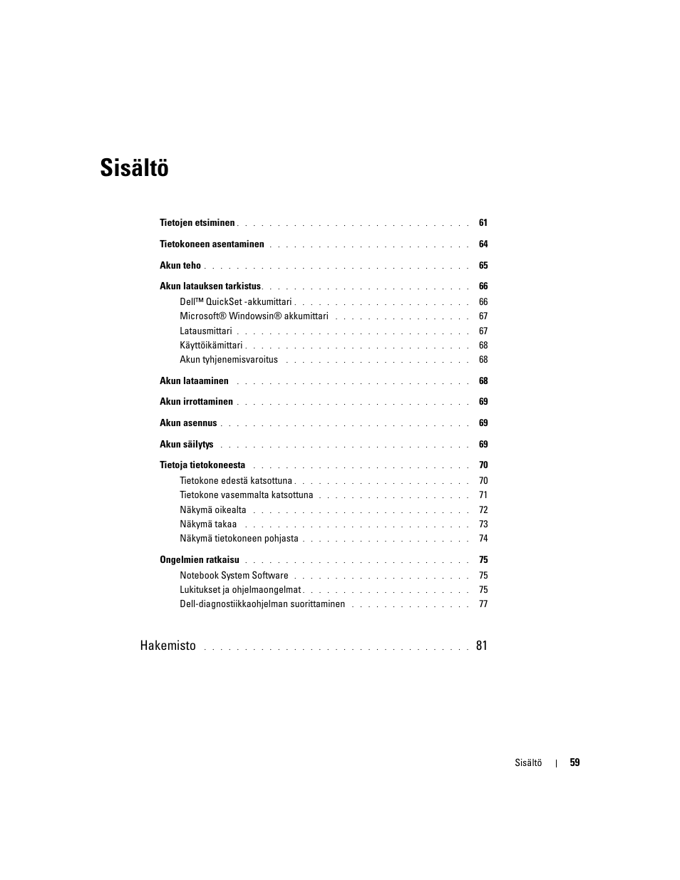 Sisältö, Hakemisto | Dell Latitude D610 User Manual | Page 59 / 244