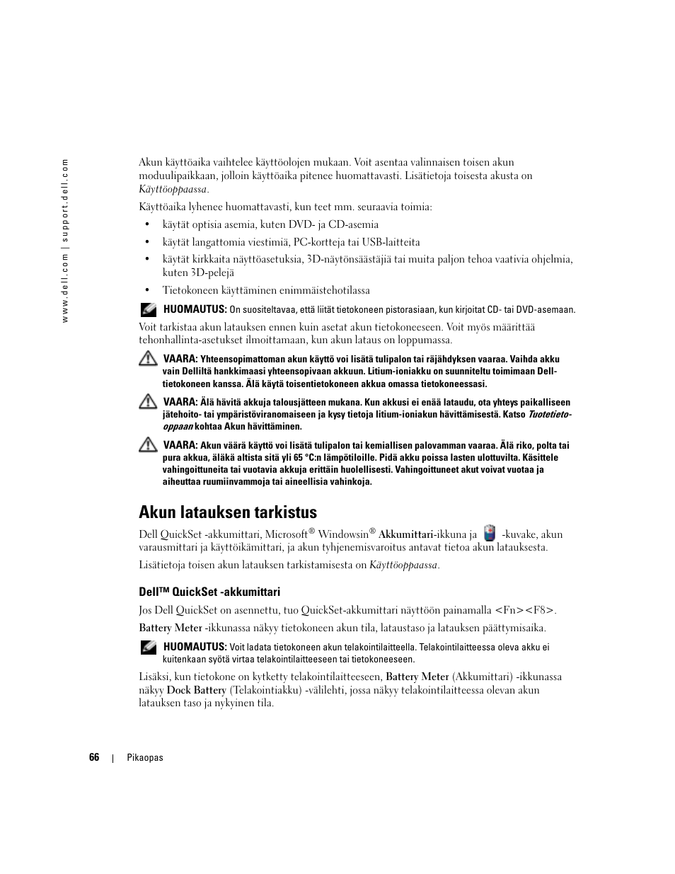 Akun latauksen tarkistus, Dell™ quickset -akkumittari | Dell Latitude D610 User Manual | Page 66 / 244