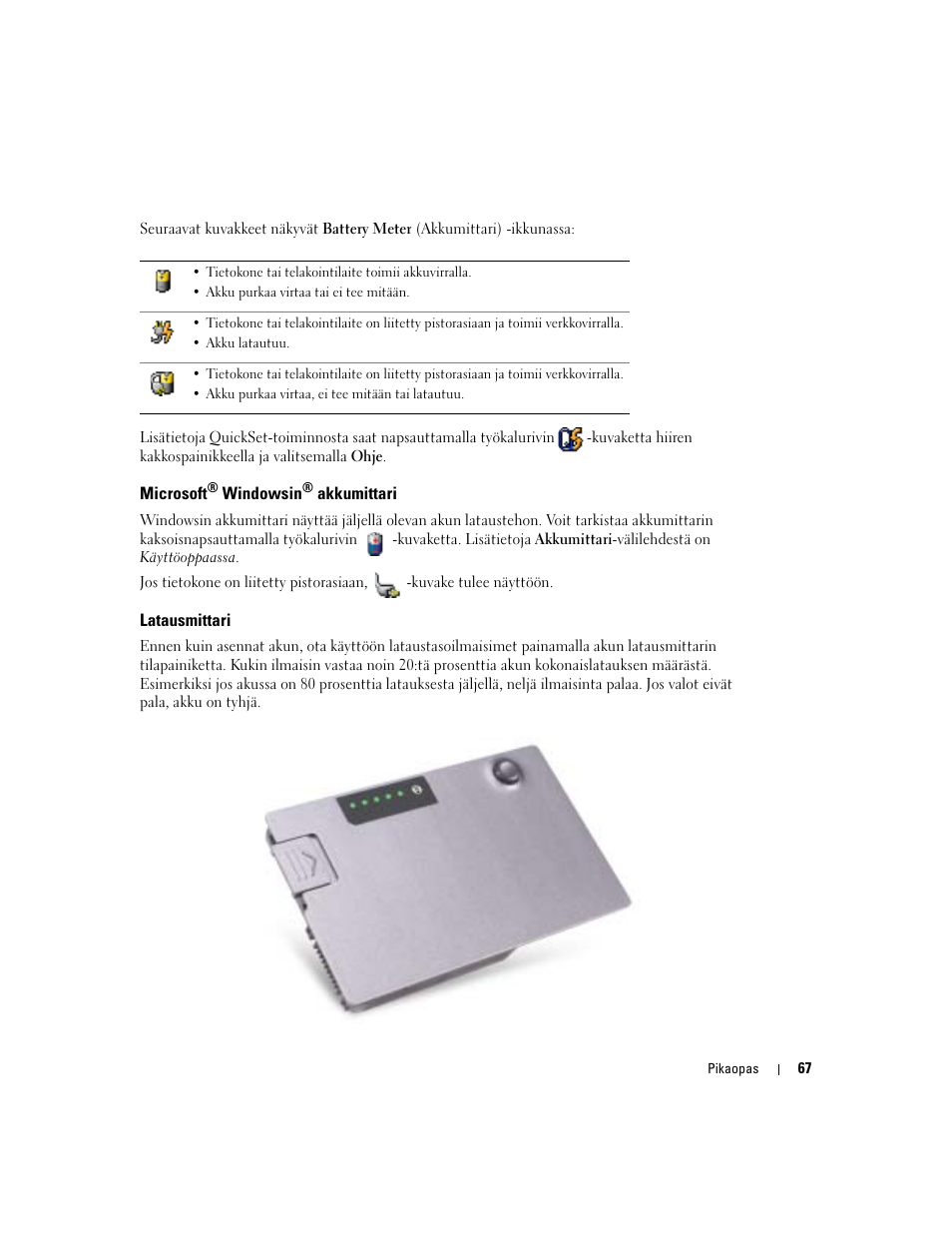 Microsoft® windowsin® akkumittari, Latausmittari | Dell Latitude D610 User Manual | Page 67 / 244