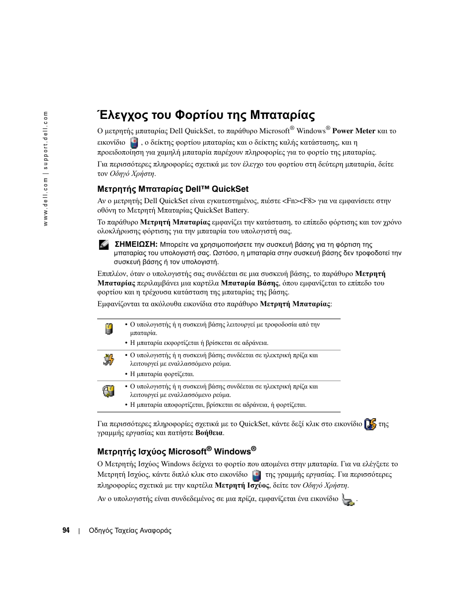 Έλεγχος του φορτίου της μπαταρίας, Μετρητής μπαταρίας dell™ quickset, Μετρητής ισχύος microsoft® windows | Μετρητής ισχύος microsoft, Μπορείτε να ελέγχετε το φορτίο της µπαταρίας πριν | Dell Latitude D610 User Manual | Page 94 / 244