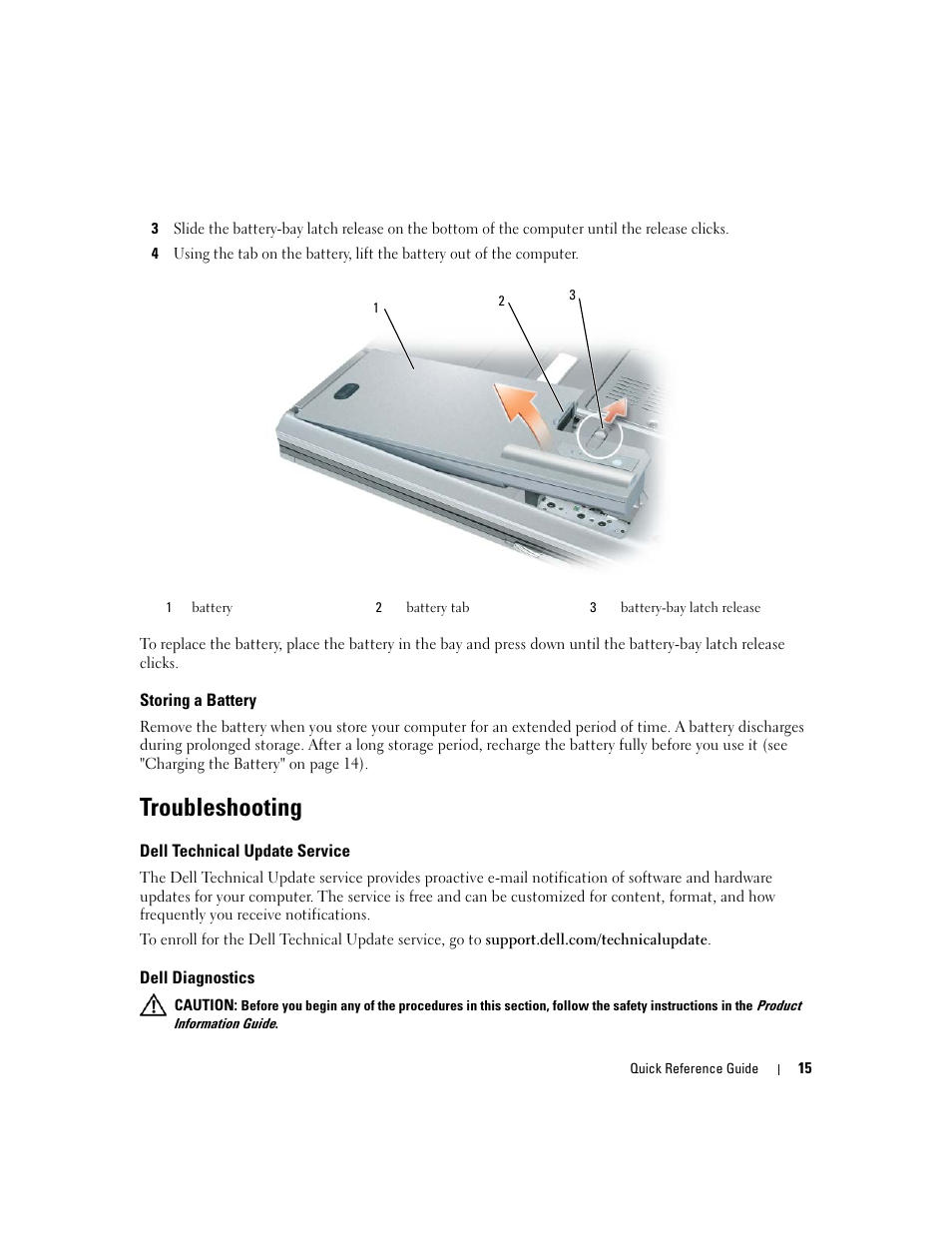 Storing a battery, Troubleshooting, Dell technical update service | Dell diagnostics | Dell Precision M65 User Manual | Page 15 / 90