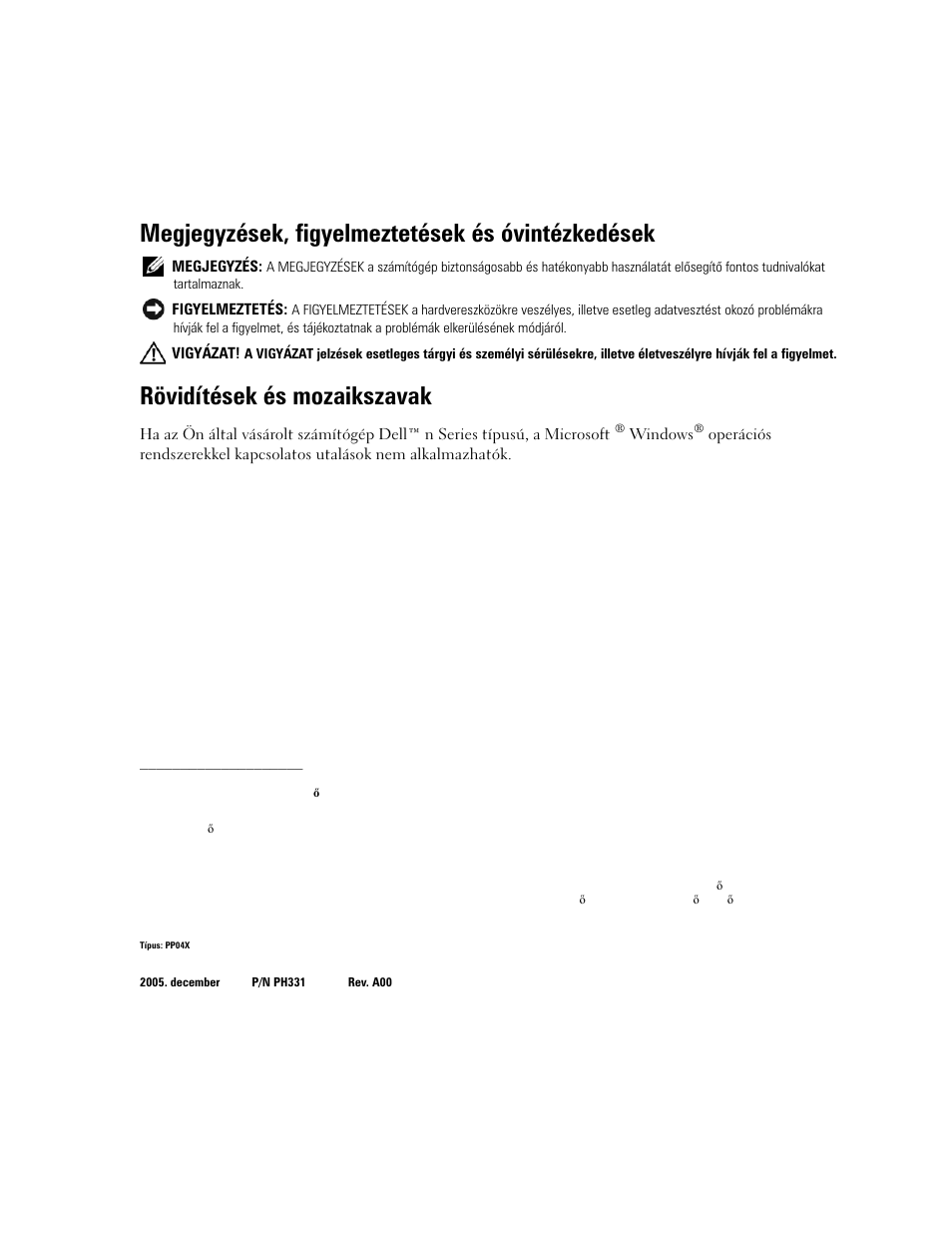 Megjegyzések, figyelmeztetések és óvintézkedések, Rövidítések és mozaikszavak | Dell Precision M65 User Manual | Page 24 / 90