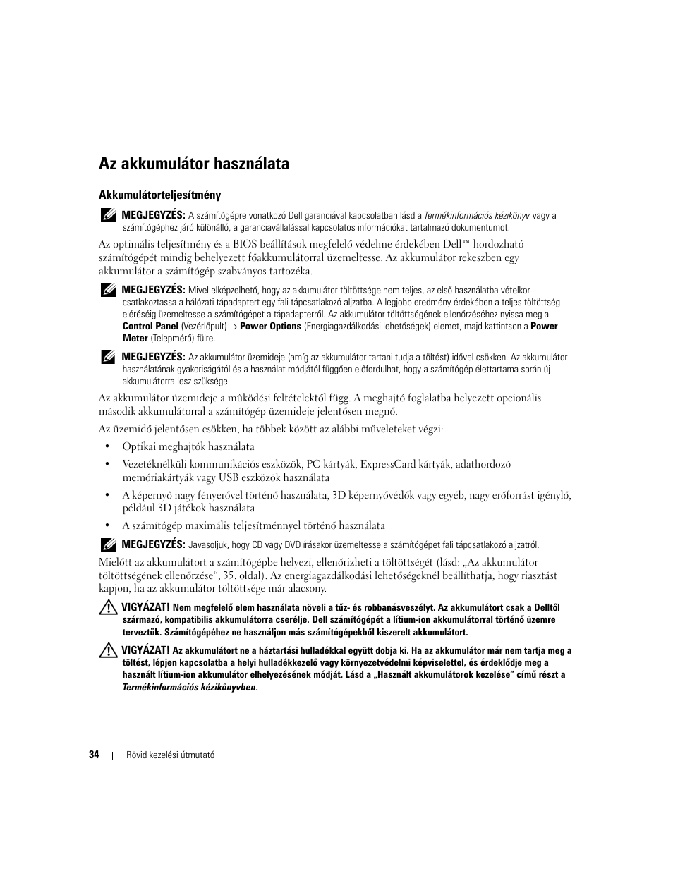 Az akkumulátor használata, Akkumulátorteljesítmény | Dell Precision M65 User Manual | Page 34 / 90