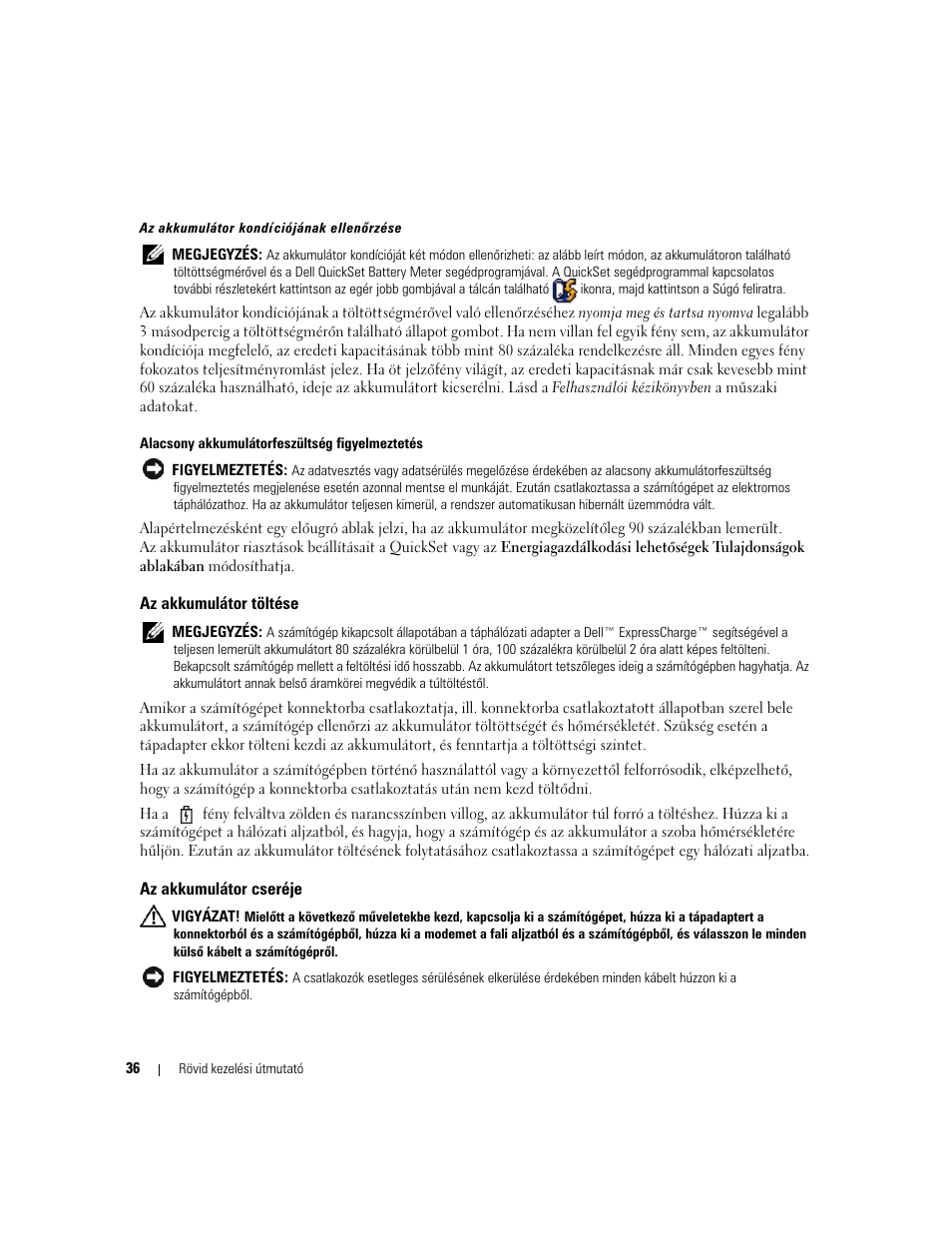 Az akkumulátor töltése, Az akkumulátor cseréje | Dell Precision M65 User Manual | Page 36 / 90