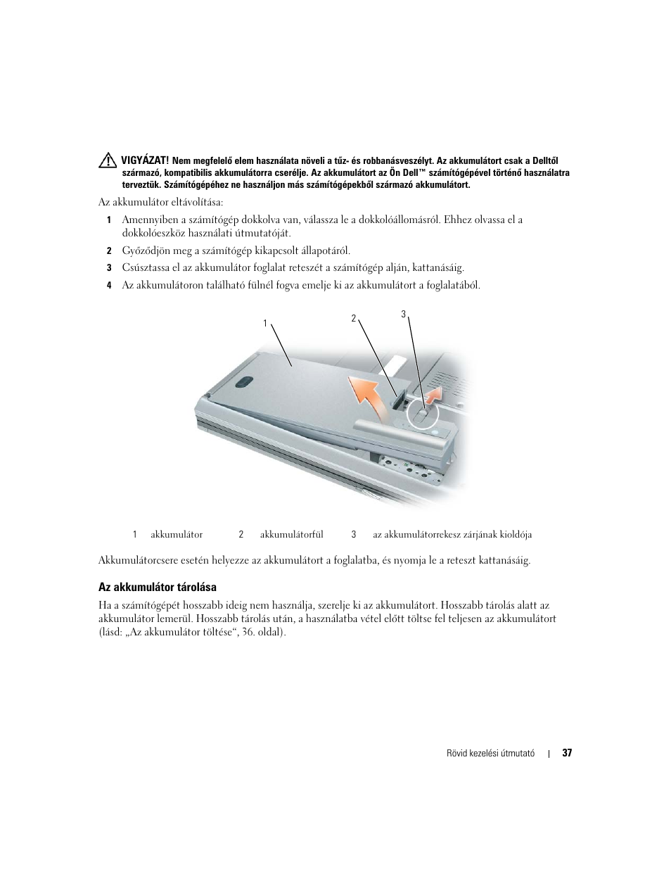 Az akkumulátor tárolása | Dell Precision M65 User Manual | Page 37 / 90