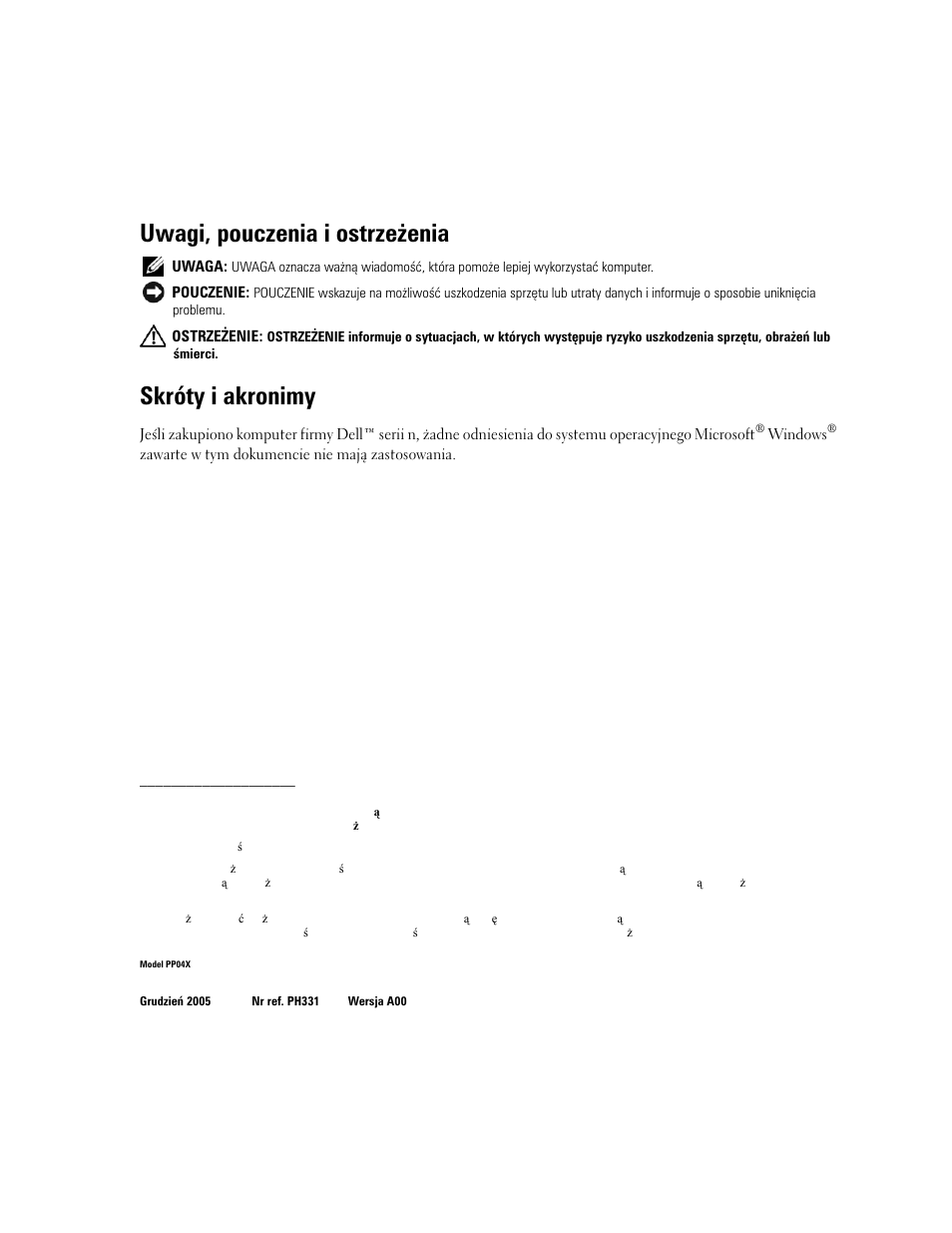 Uwagi, pouczenia i ostrzeżenia, Skróty i akronimy | Dell Precision M65 User Manual | Page 46 / 90