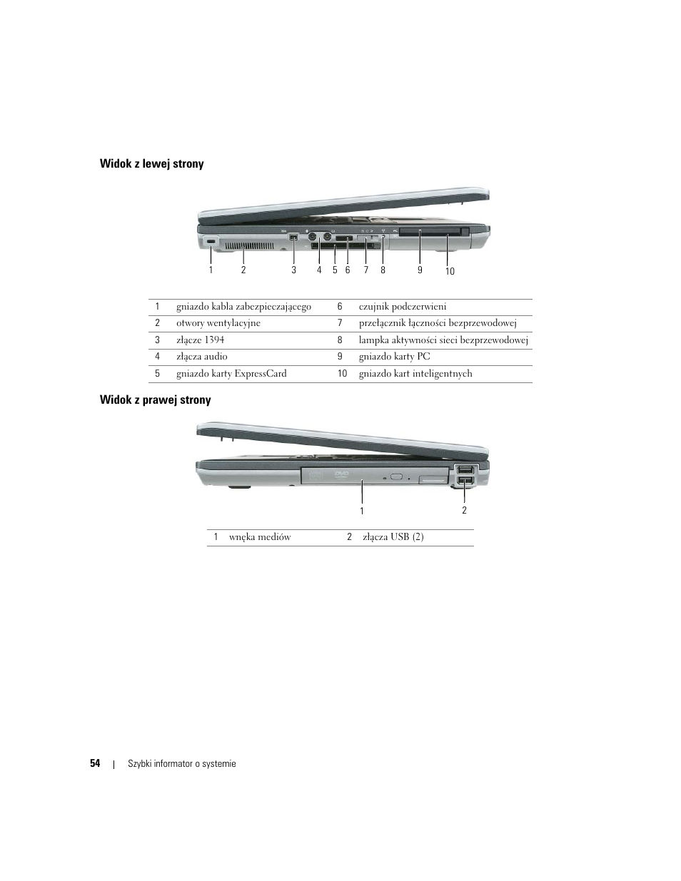 Widok z lewej strony, Widok z prawej strony | Dell Precision M65 User Manual | Page 54 / 90