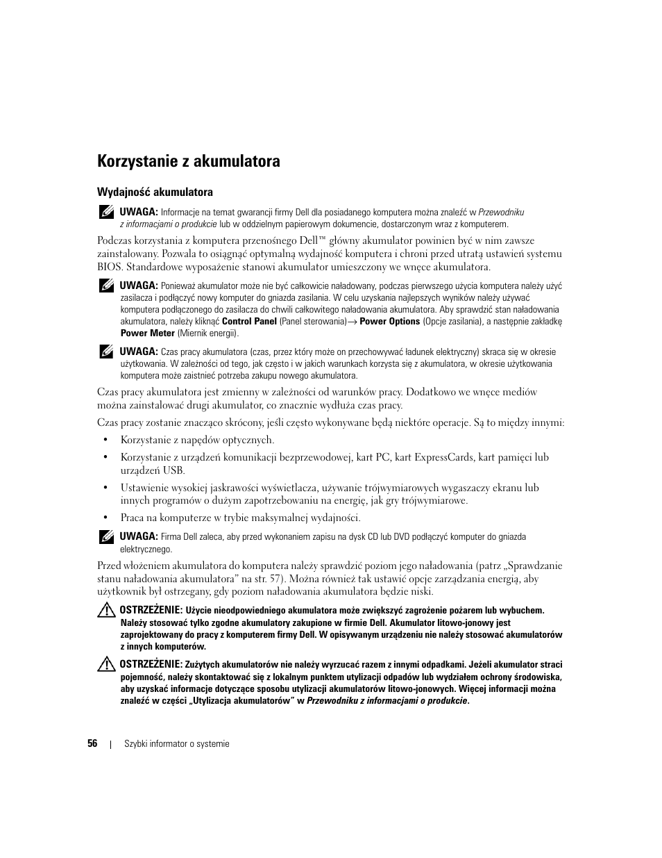 Korzystanie z akumulatora, Wydajność akumulatora | Dell Precision M65 User Manual | Page 56 / 90